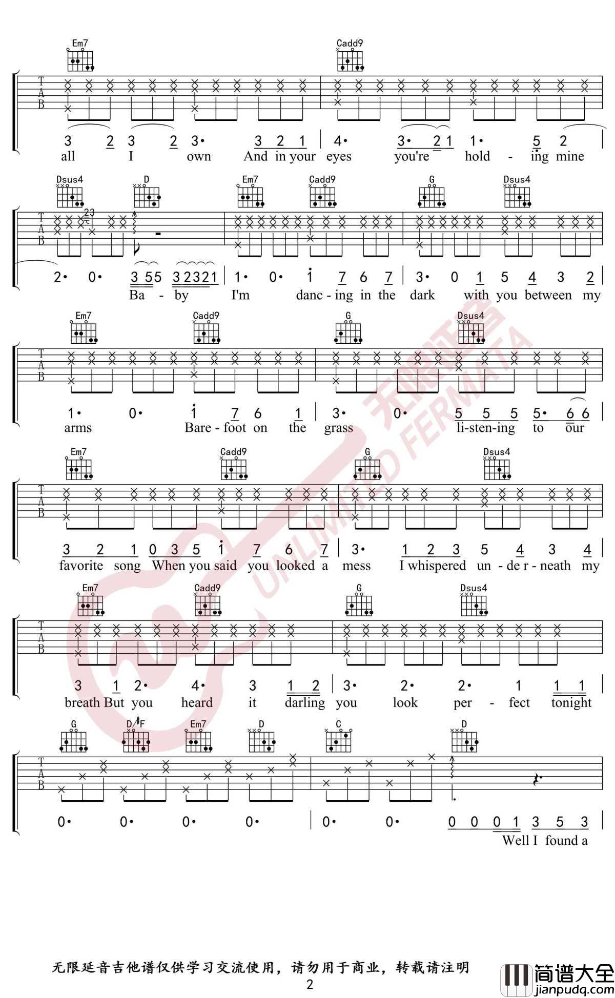 Perfect吉他谱_Ed_Sheeran_黄老板_G调六线弹唱谱_无限延音编配