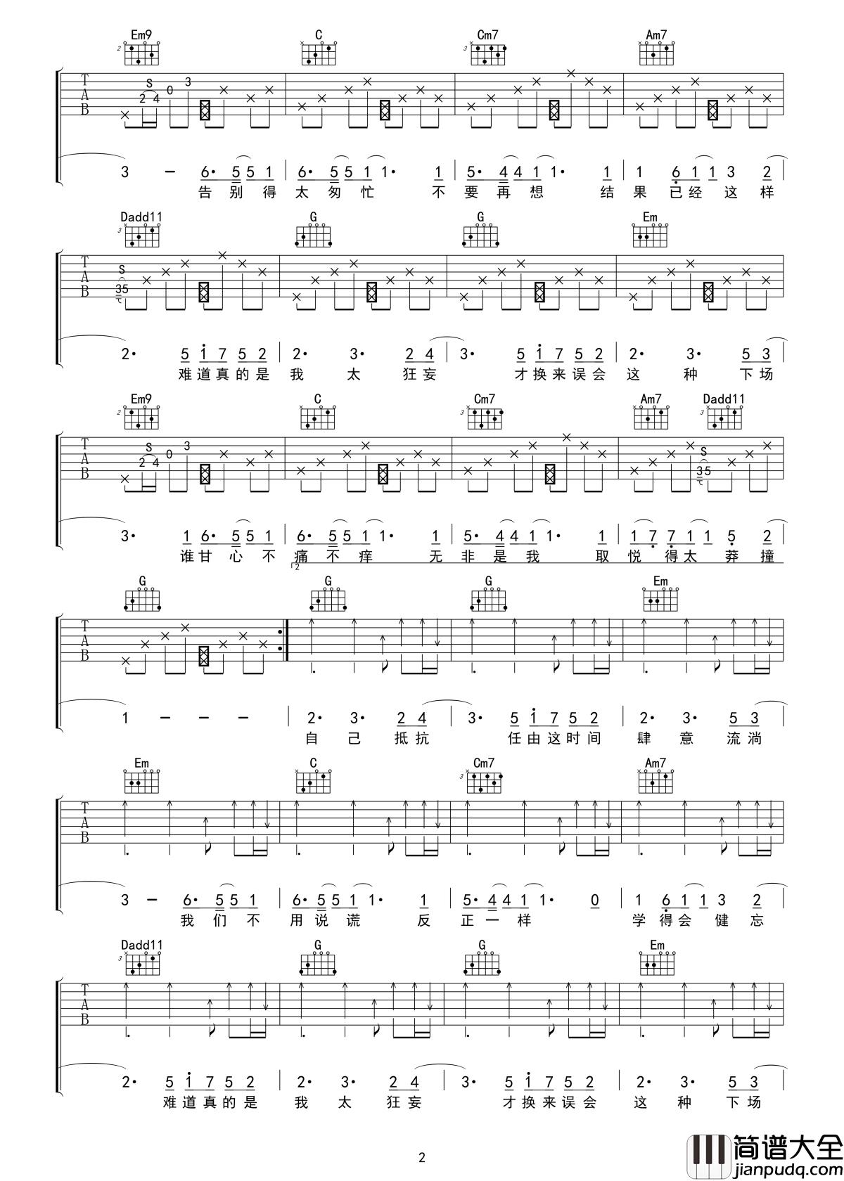 狂妄吉他谱_G调指法_李上安_吴先生TAB制谱