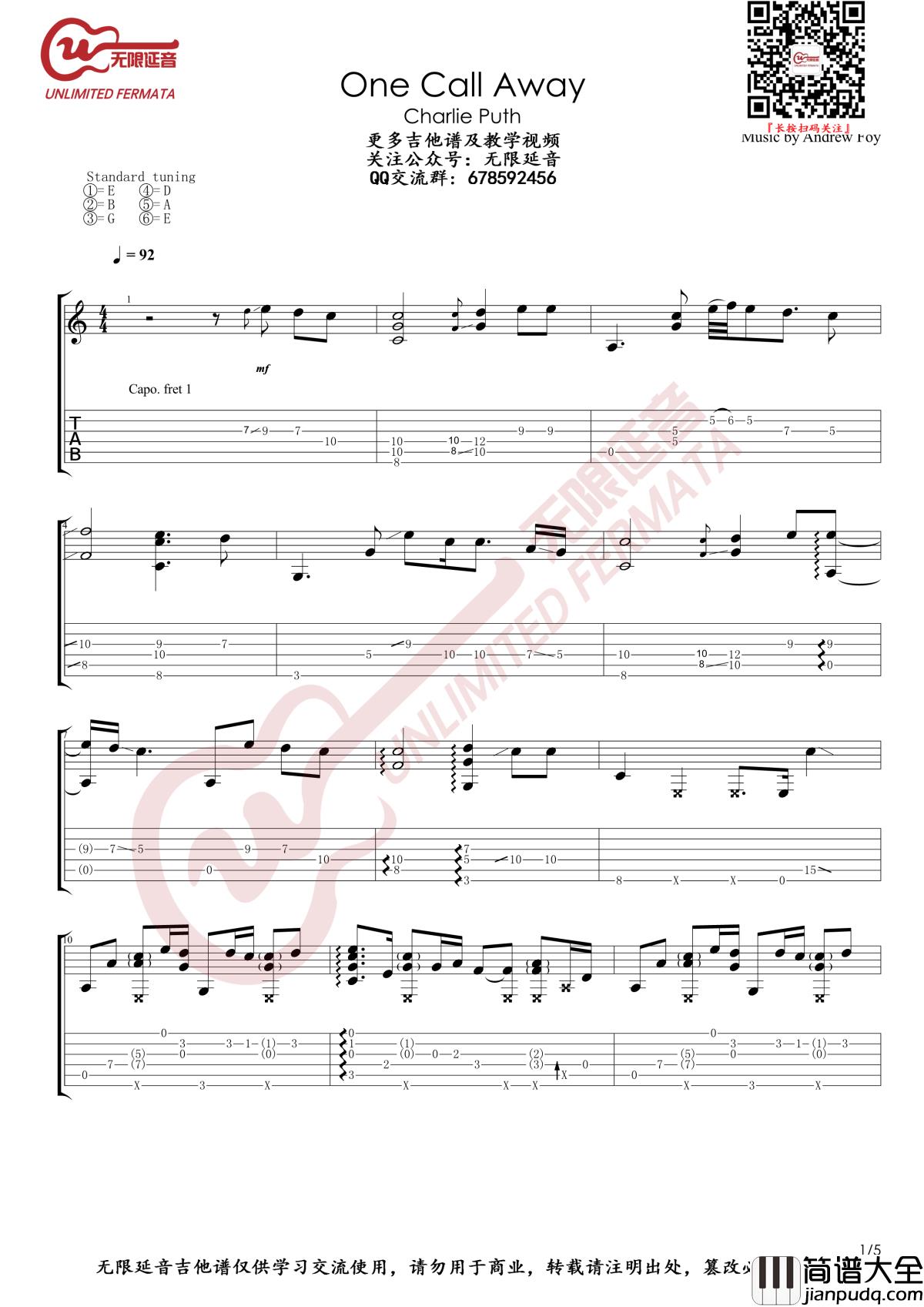 Andrew_Foy指弹吉他谱_One_Call_Away_无限延音制谱
