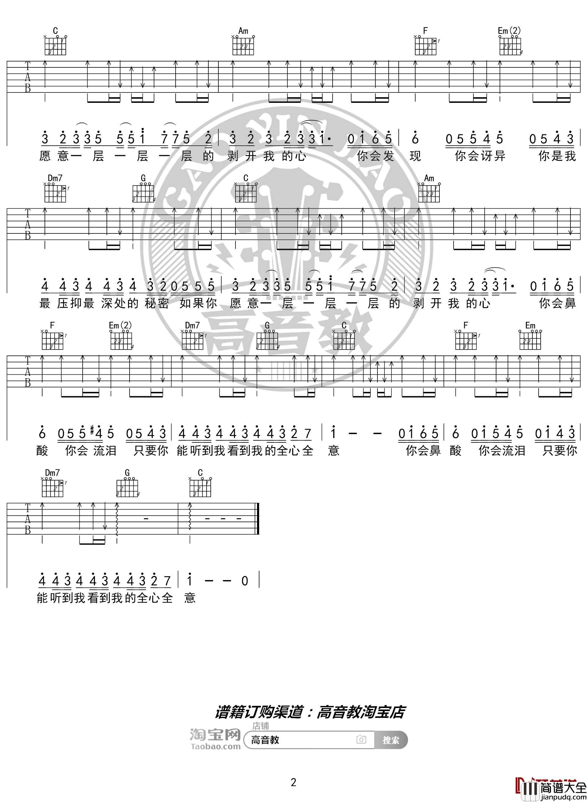 洋葱吉他谱_C调入门版_杨宗纬_猴哥吉他教学_高音教编配