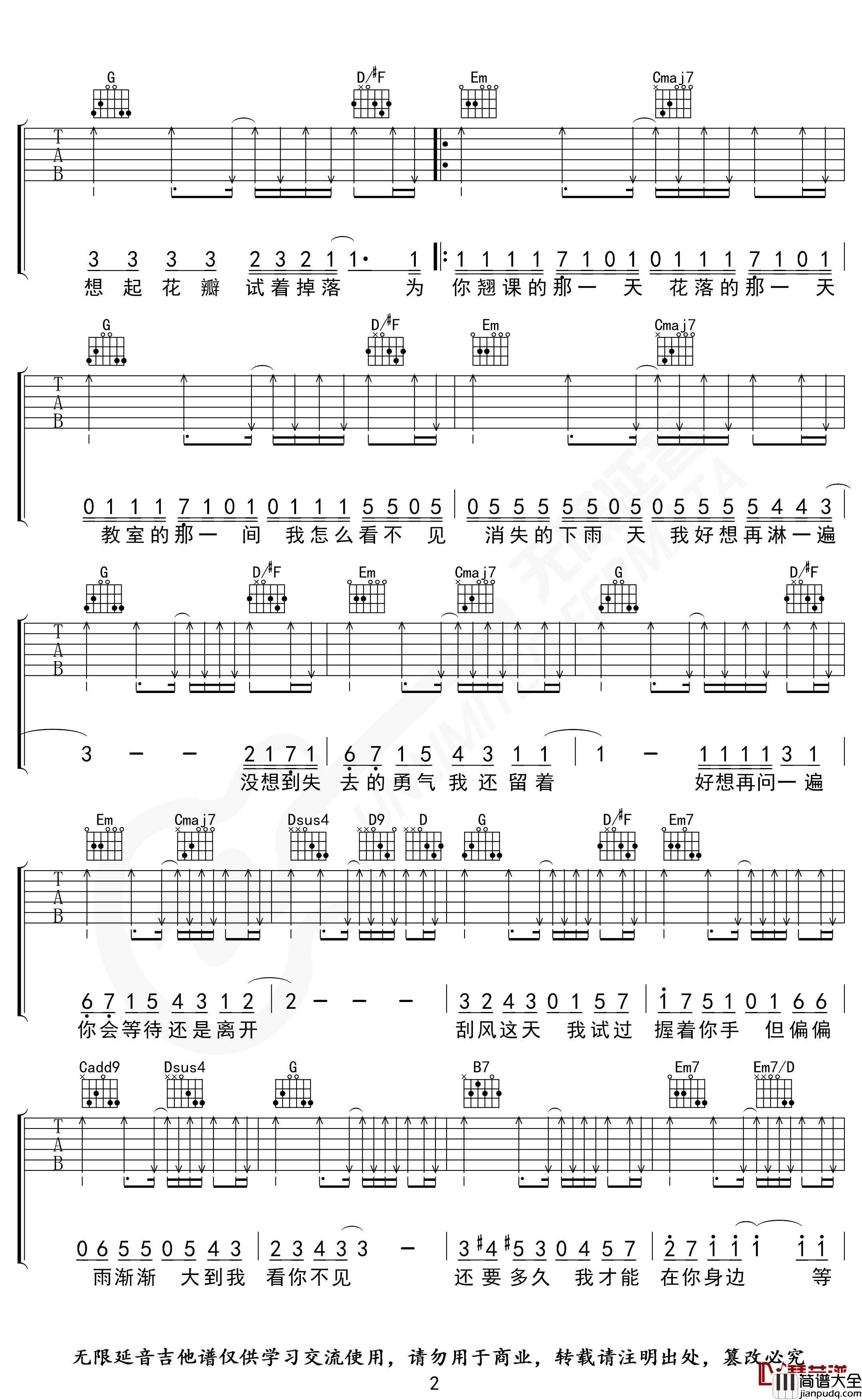 晴天吉他谱_G调指法_周杰伦_无限延音编配