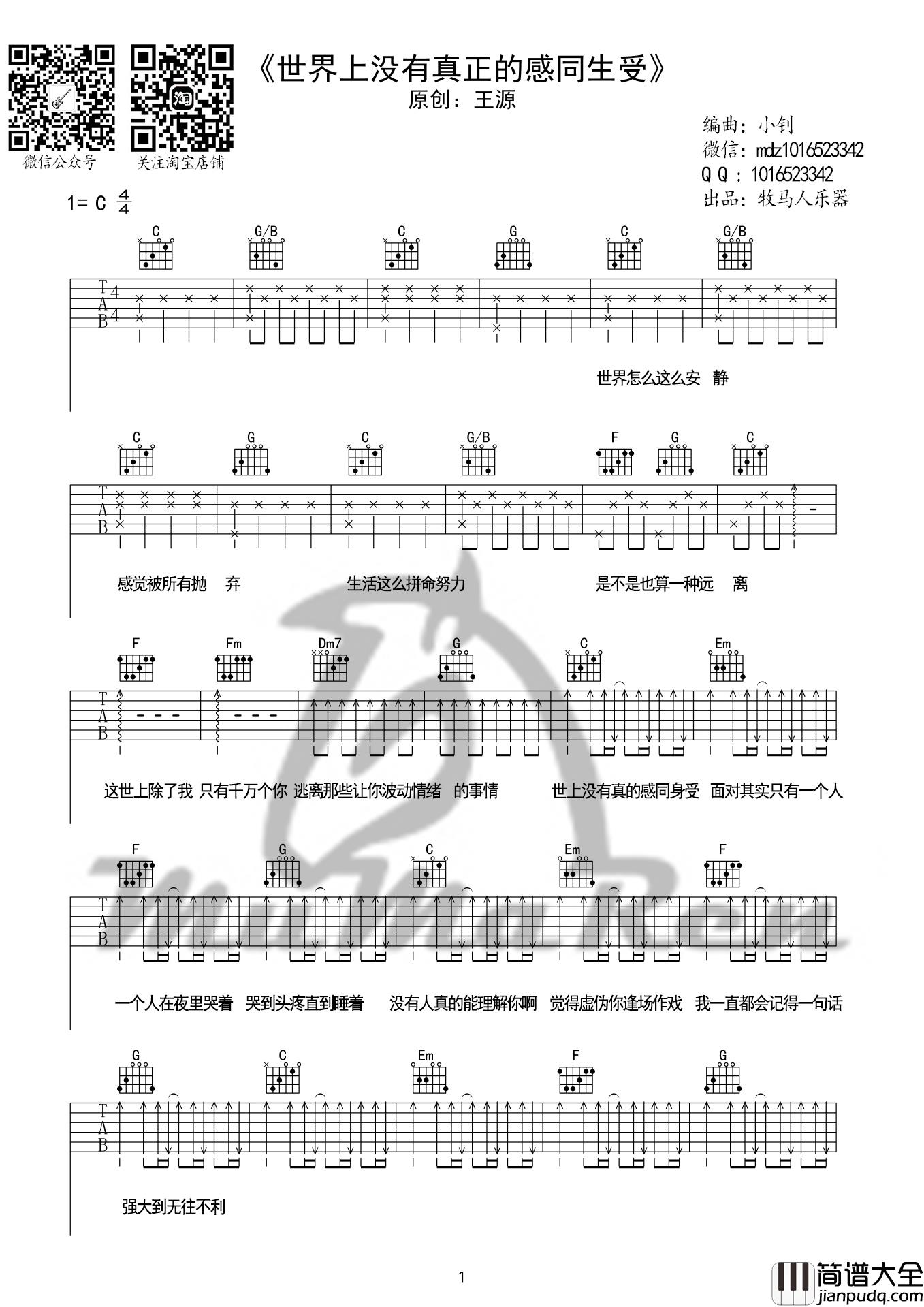 世界上没有真正的感同身受吉他谱_C调编配_王源_牧马人乐器