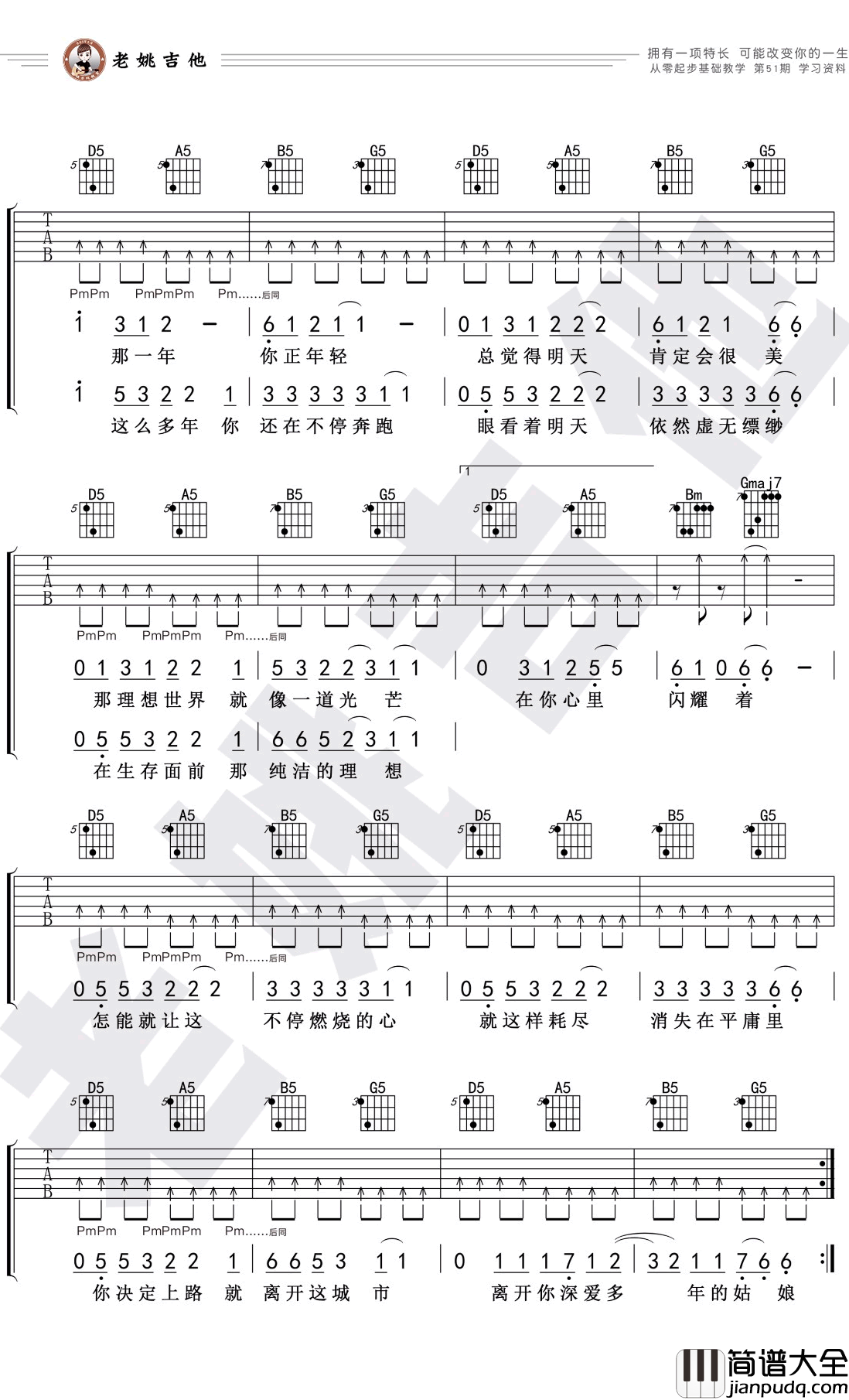 那一年吉他谱_D调指法_许巍_姚吉他出品