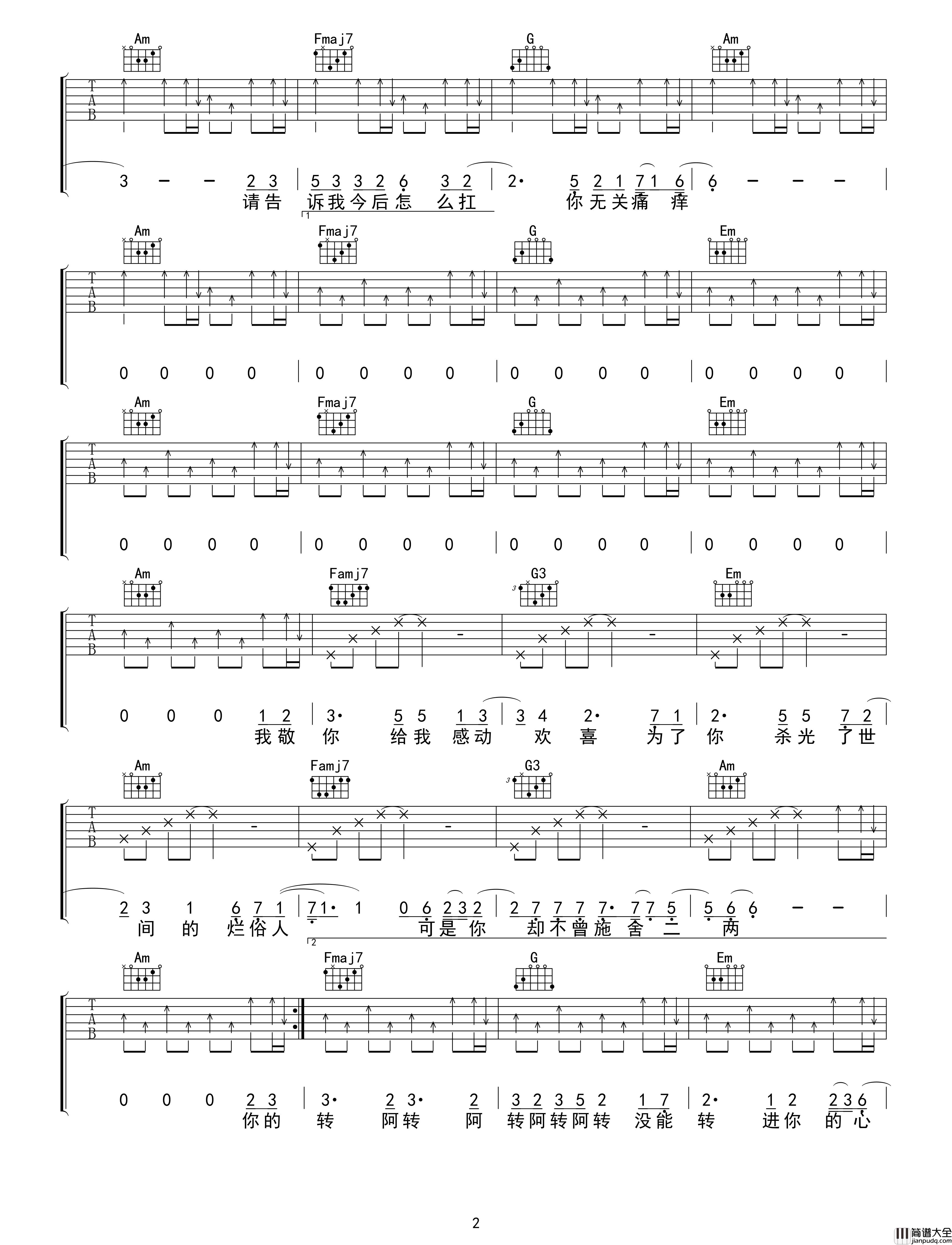 你的酒馆对我打了烊吉他谱_C调试听_陈雪凝_吴先生TAB制谱