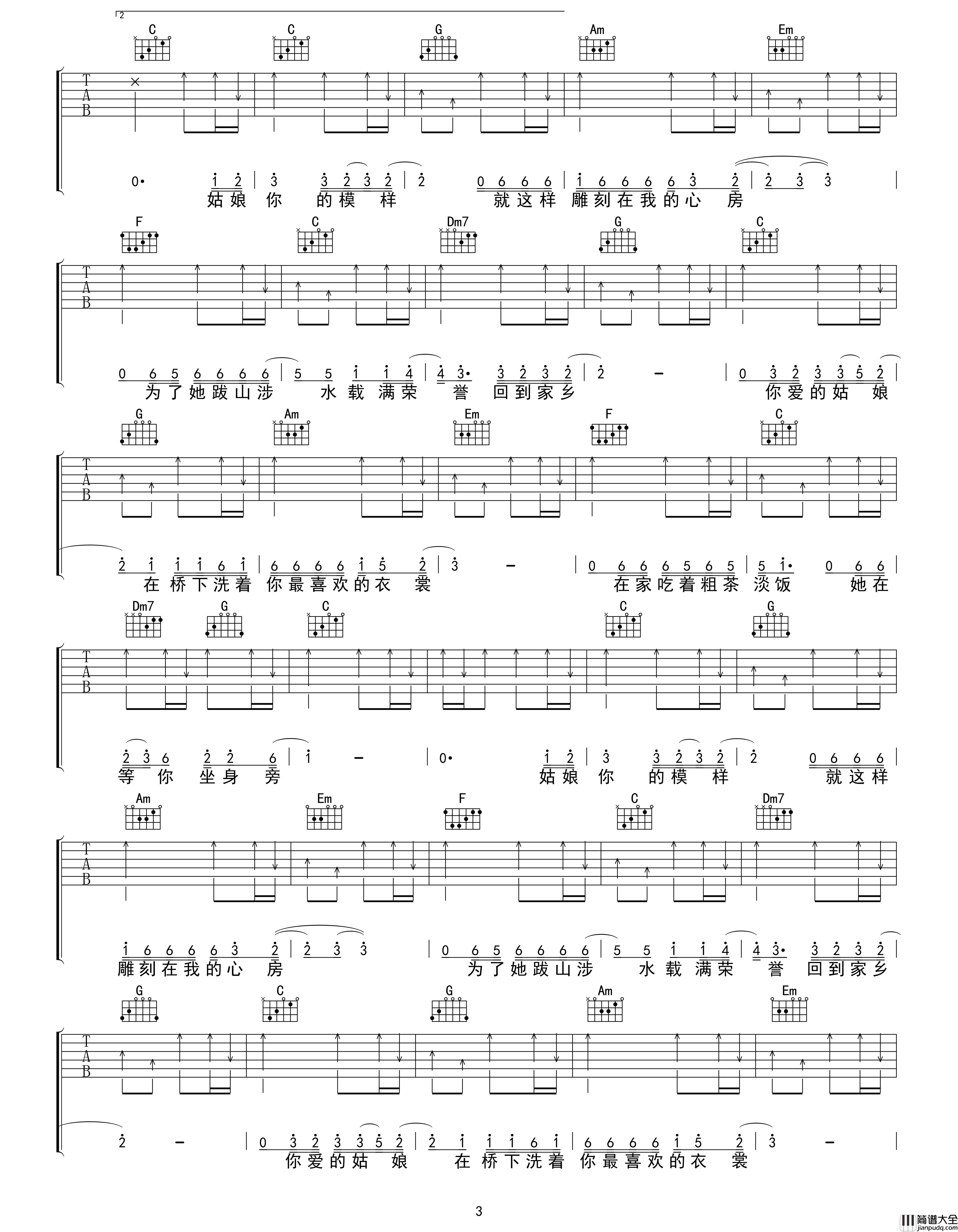 你的姑娘吉他谱_C调_隔壁老樊_吴先生TAB制谱