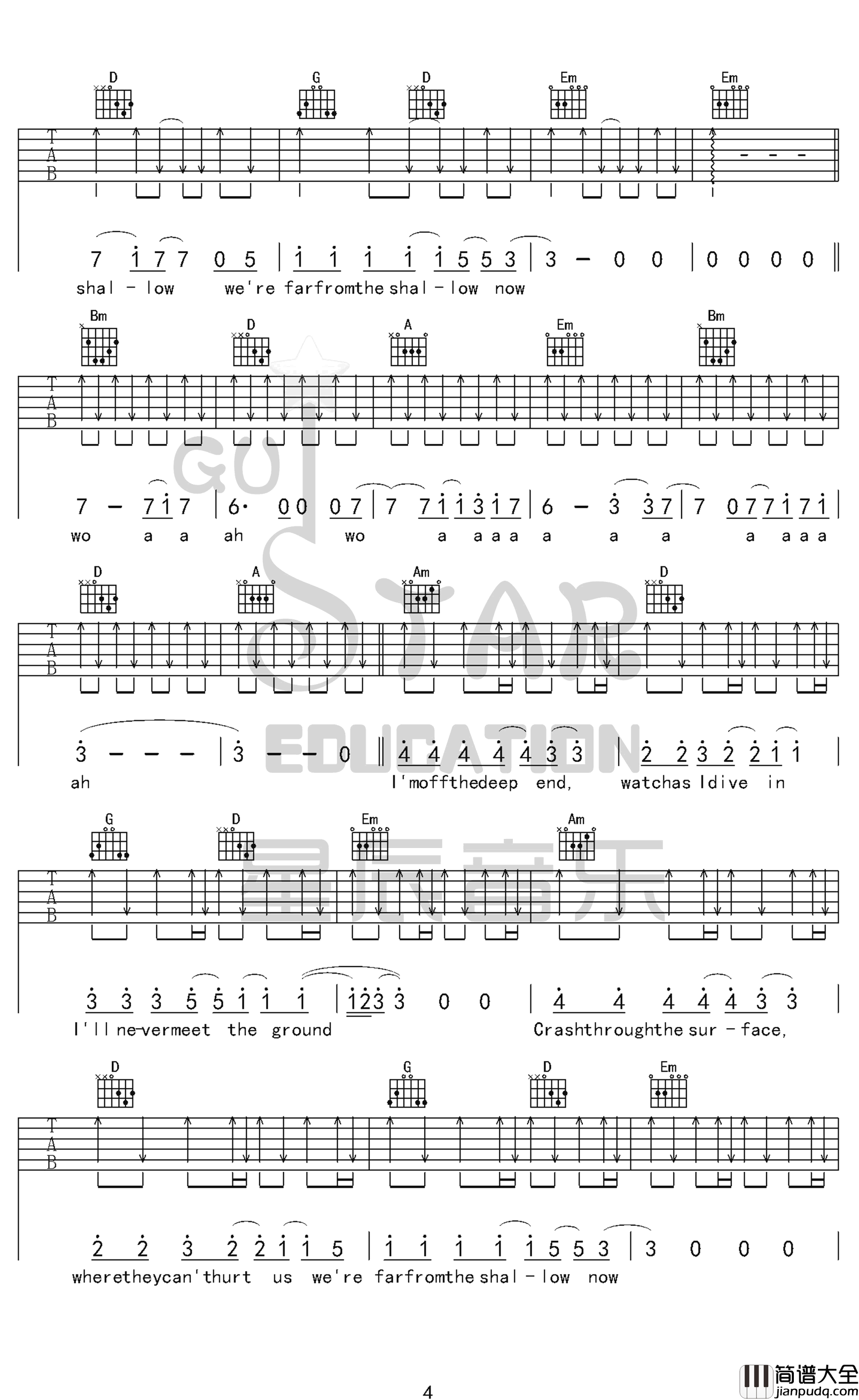 Shallow吉他谱_G调__Lady_Gaga_吉他六线谱_高清完整版