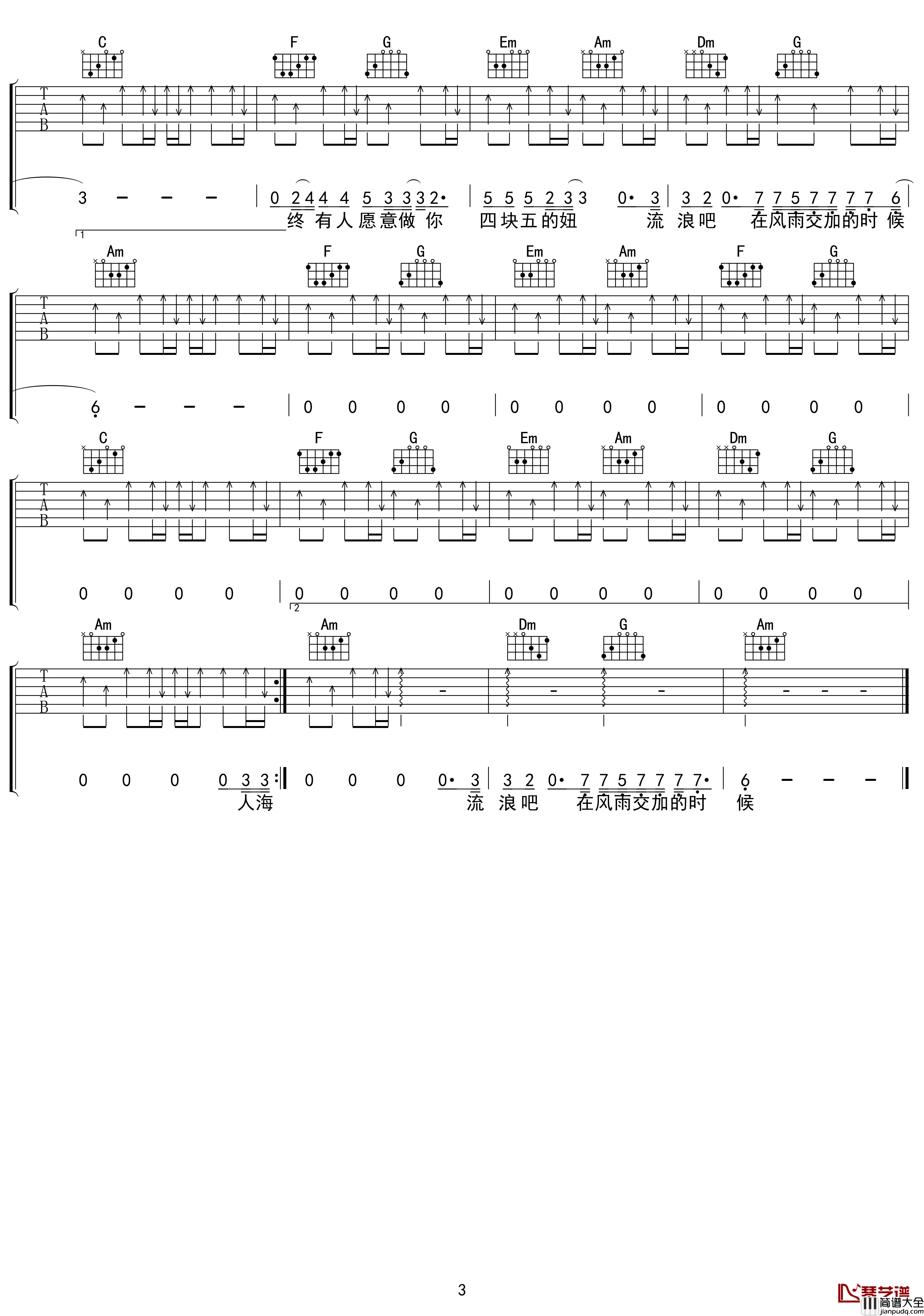 四块五吉他谱_C调_隔壁老樊_吴先生TAB出品【附示范音频】
