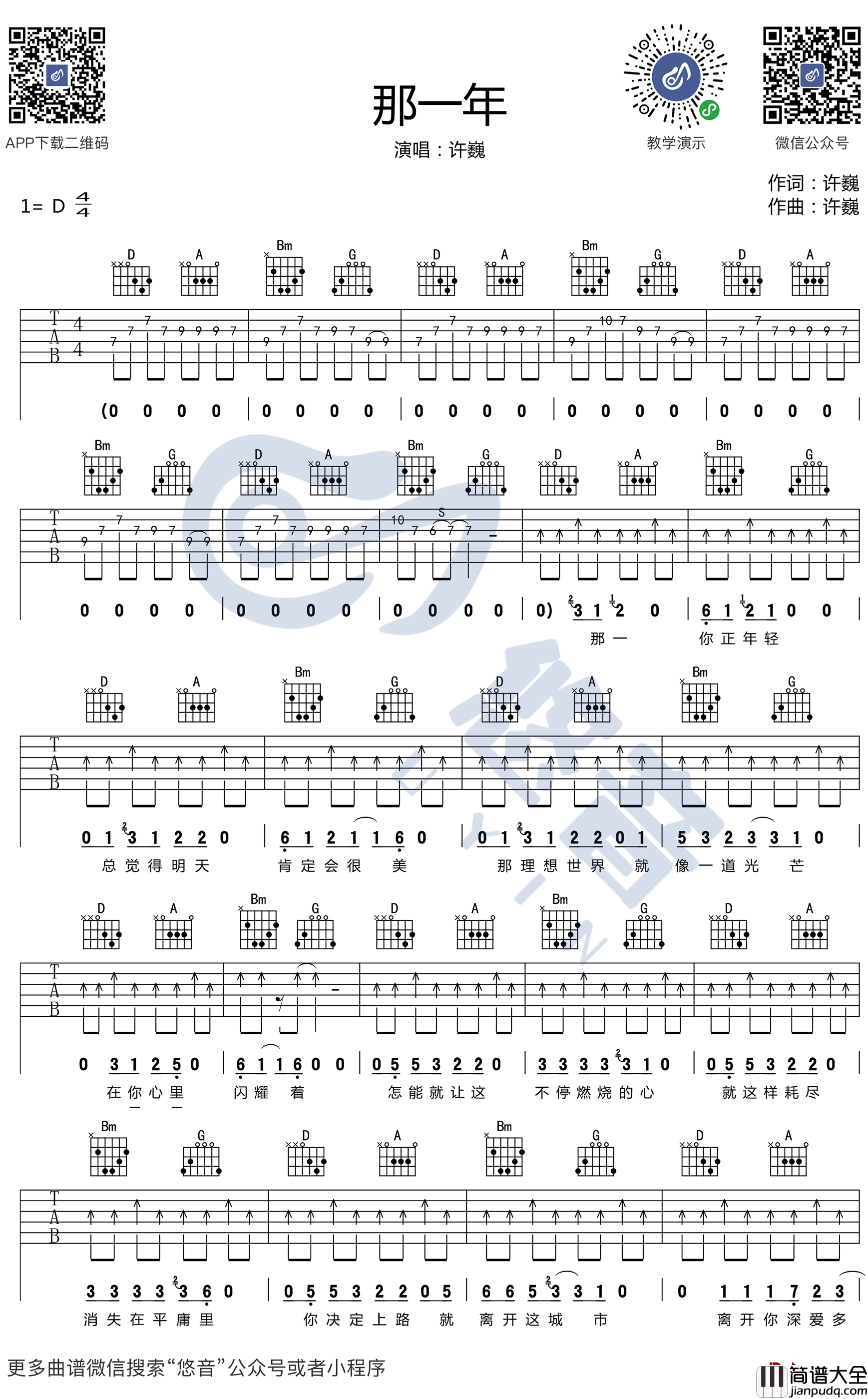 那一年吉他谱_D调六线谱_许巍