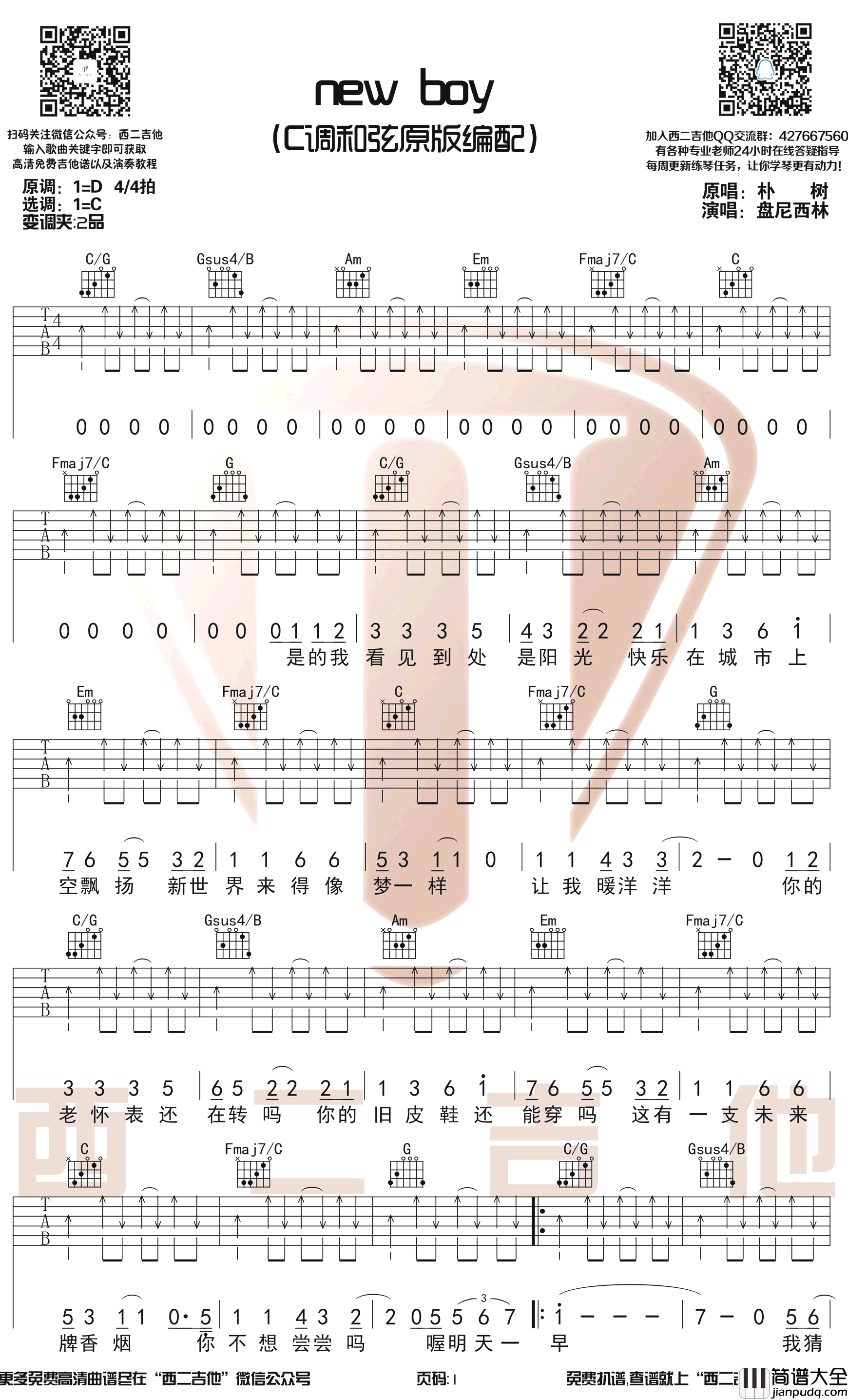 New_Boy吉他谱_C调原版弹唱谱_盘尼西林