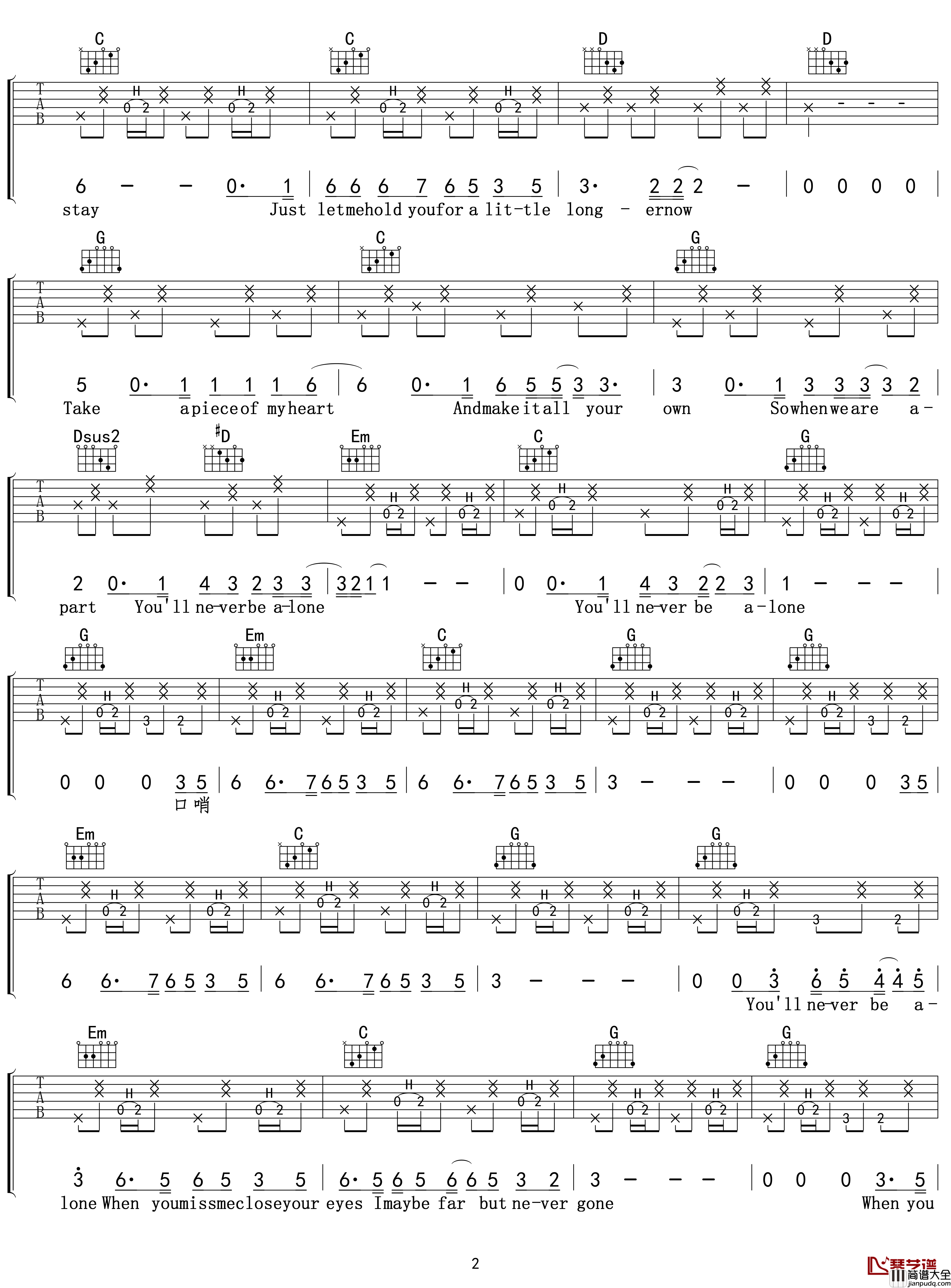 Never_Be_Alone吉他谱_G调_Shawn_Mendes_吴先生TAB出品【附示范音频】