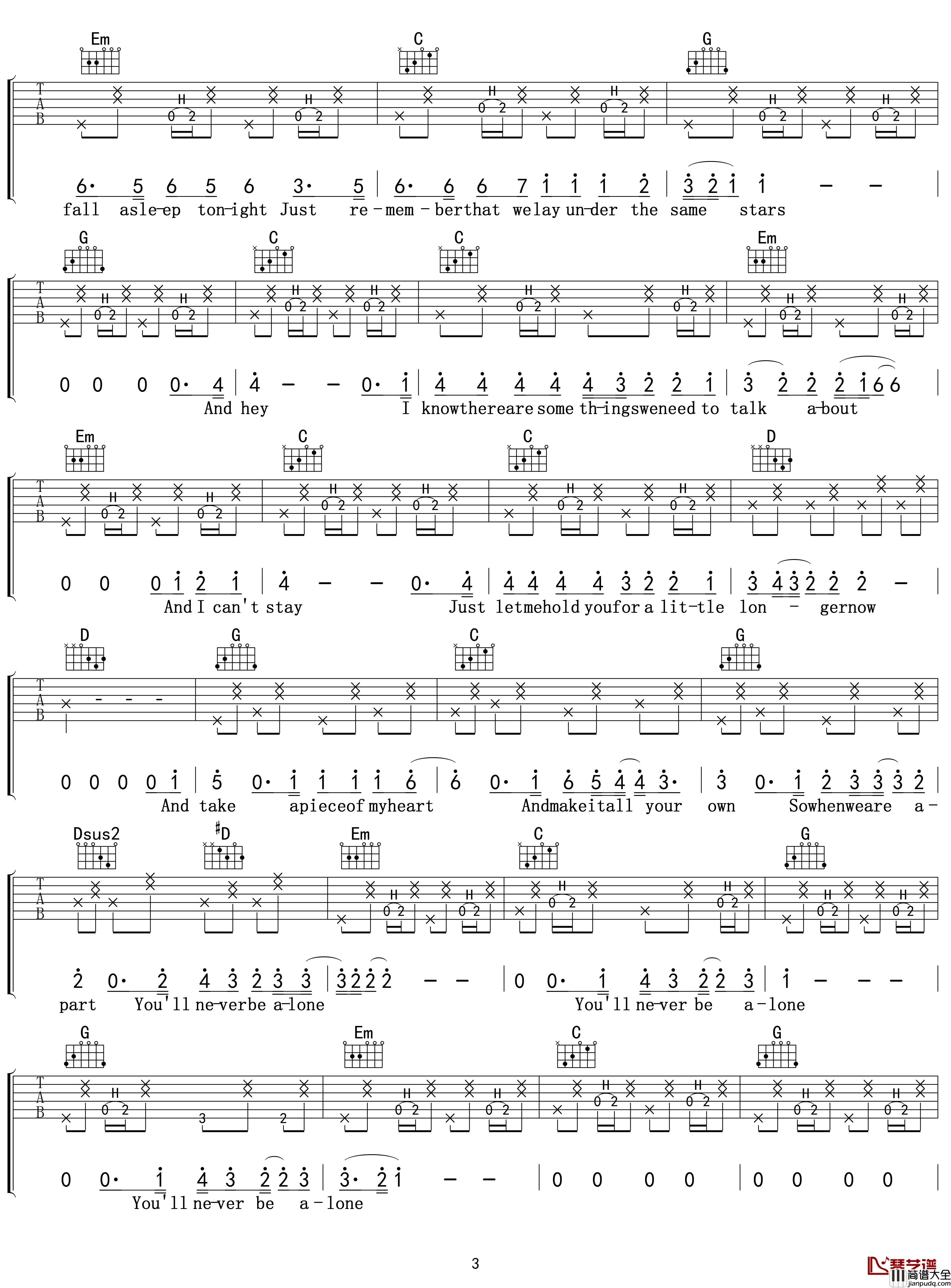 Never_Be_Alone吉他谱_G调_Shawn_Mendes_吴先生TAB出品【附示范音频】