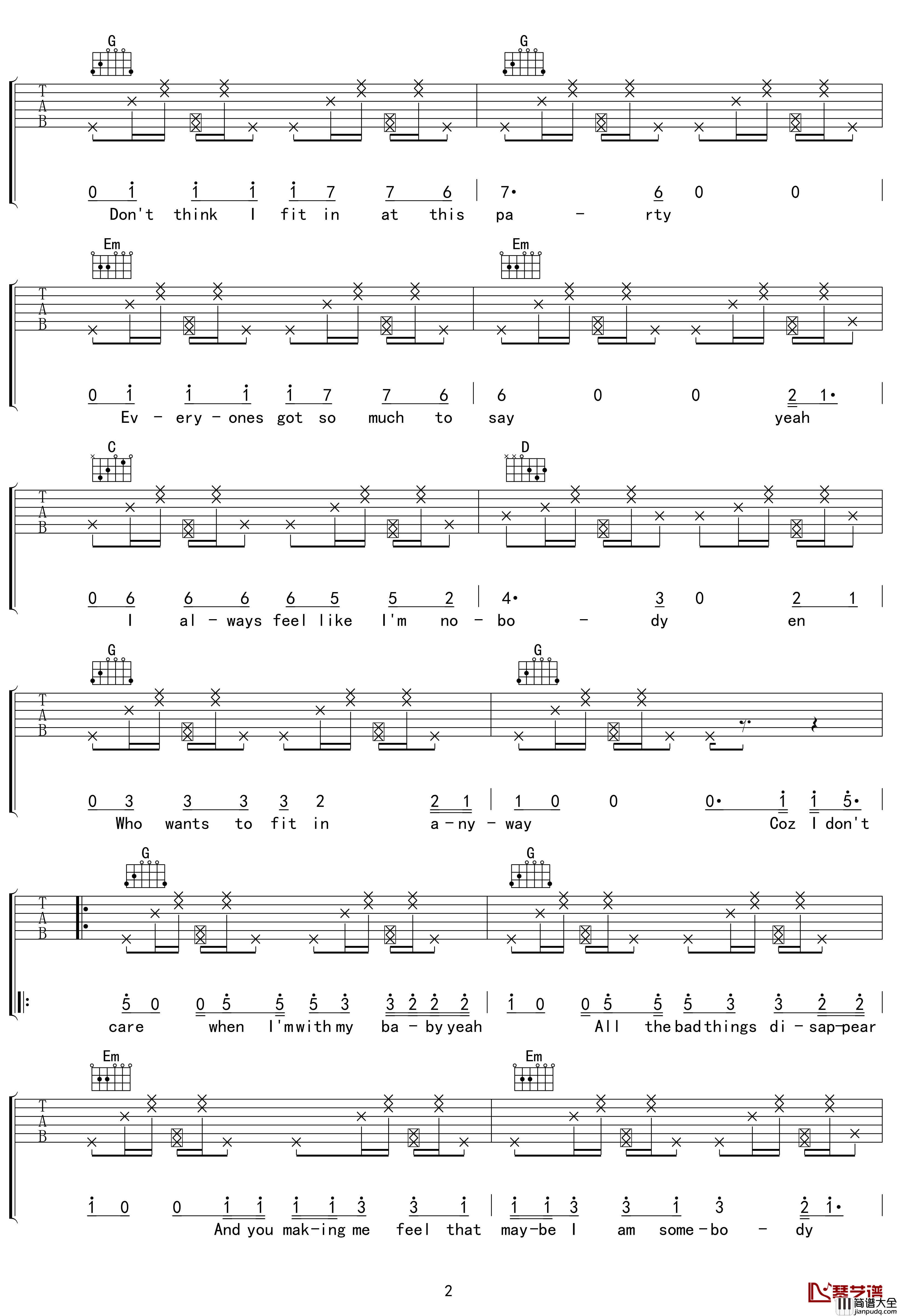 I_Don't_Care吉他谱_G调_黄老板/比伯_吴先生TAB制谱【附示范音频】