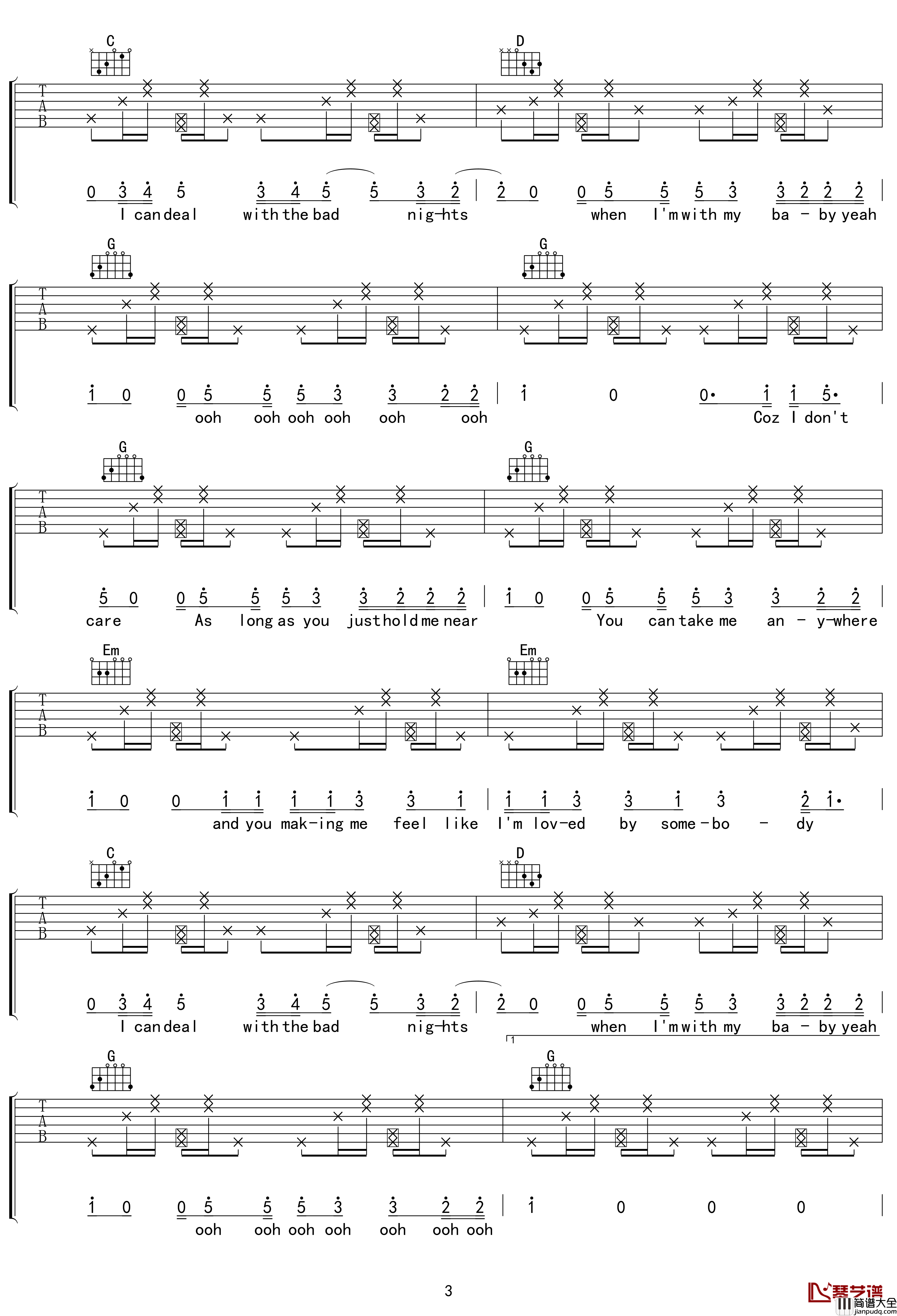 I_Don't_Care吉他谱_G调_黄老板/比伯_吴先生TAB制谱【附示范音频】