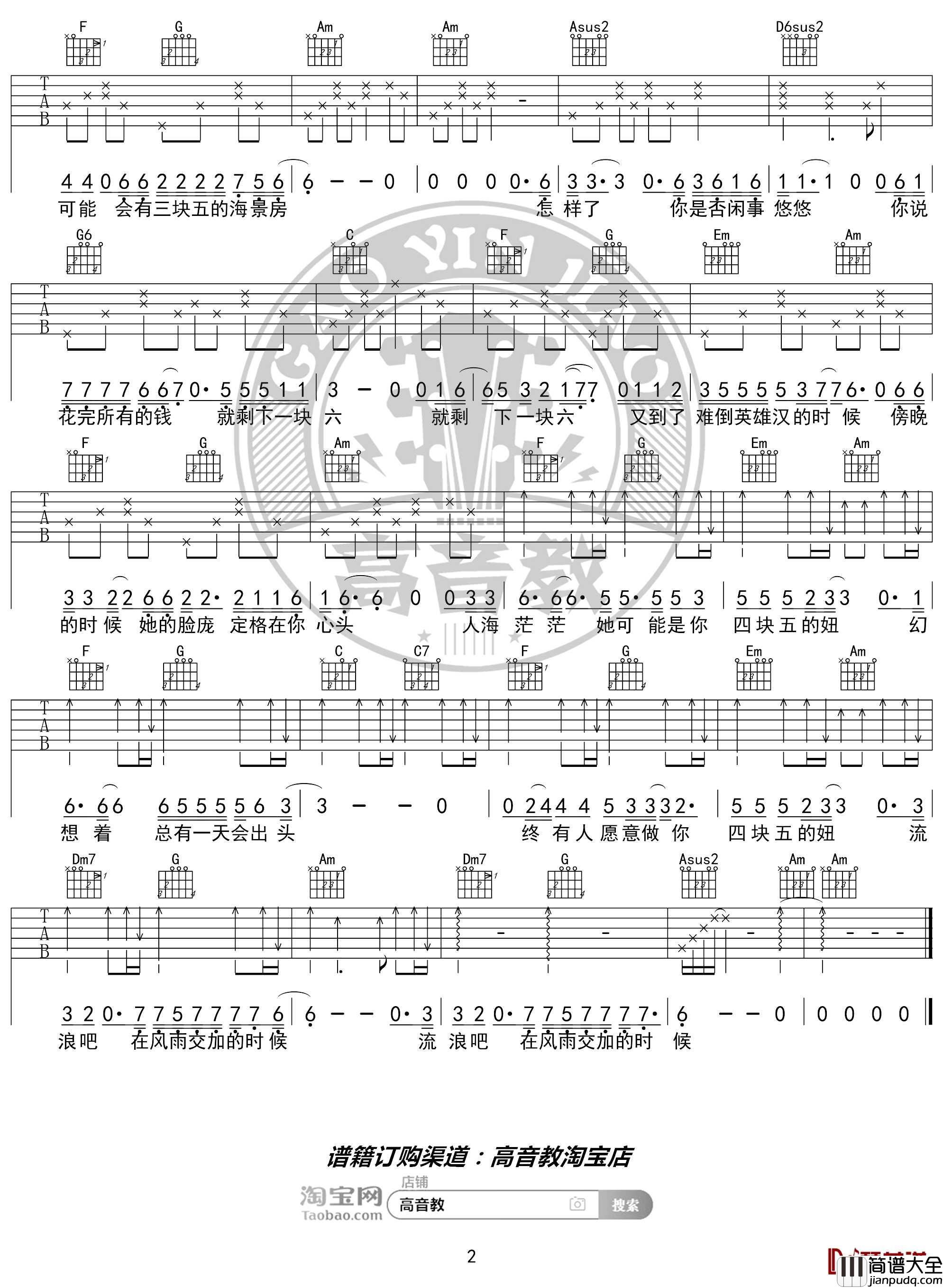 四块五的妞吉他谱_C调精华版_隔壁老樊_高音教编配_猴哥吉他教学