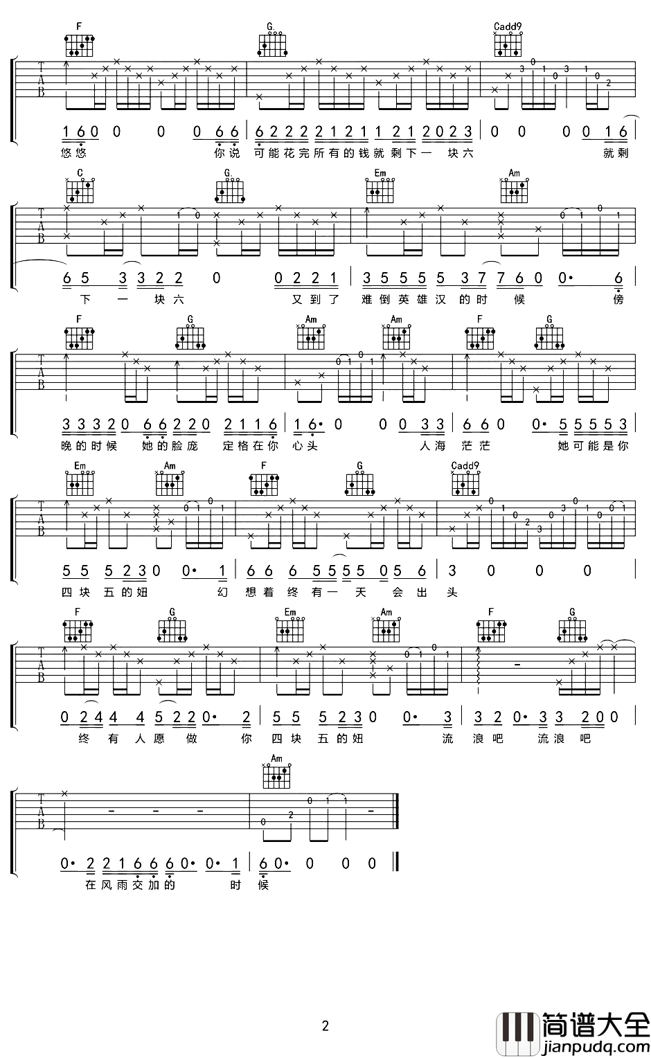 四块五吉他谱_C调指法_隔壁老樊_四块五的妞_六线谱