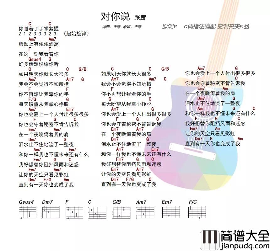 _对你说__张茜_C调吉他谱
