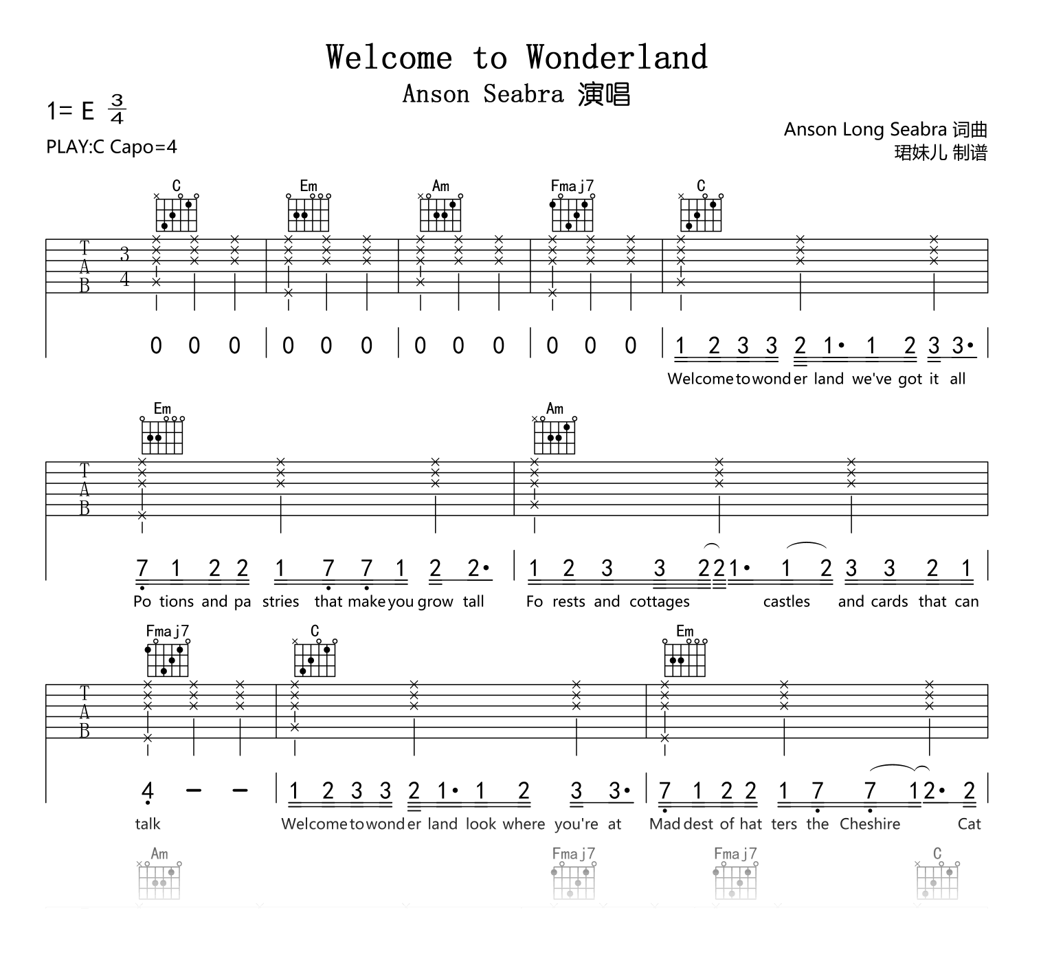 Welcome_to_Wonderland吉他谱_Anson_Seabra_C调弹唱谱