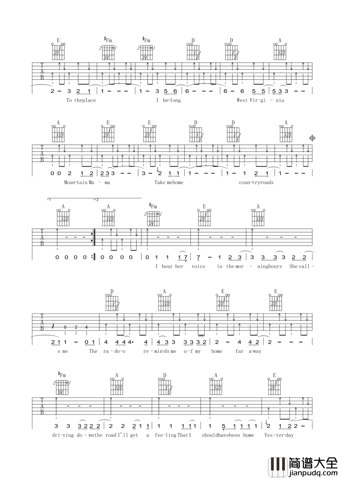 乡村路带我回家_John_Denver_A调吉他谱