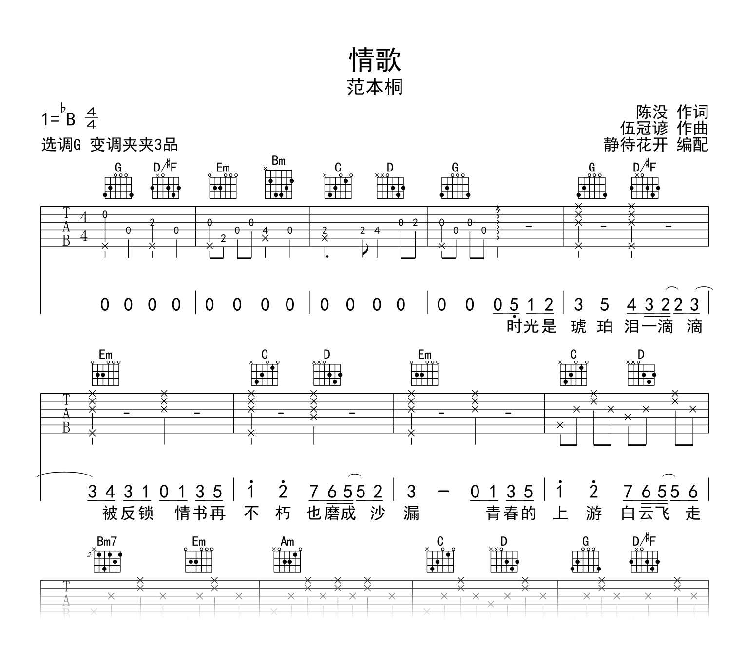 情歌吉他谱_范本桐_中国好声音_G调弹唱谱