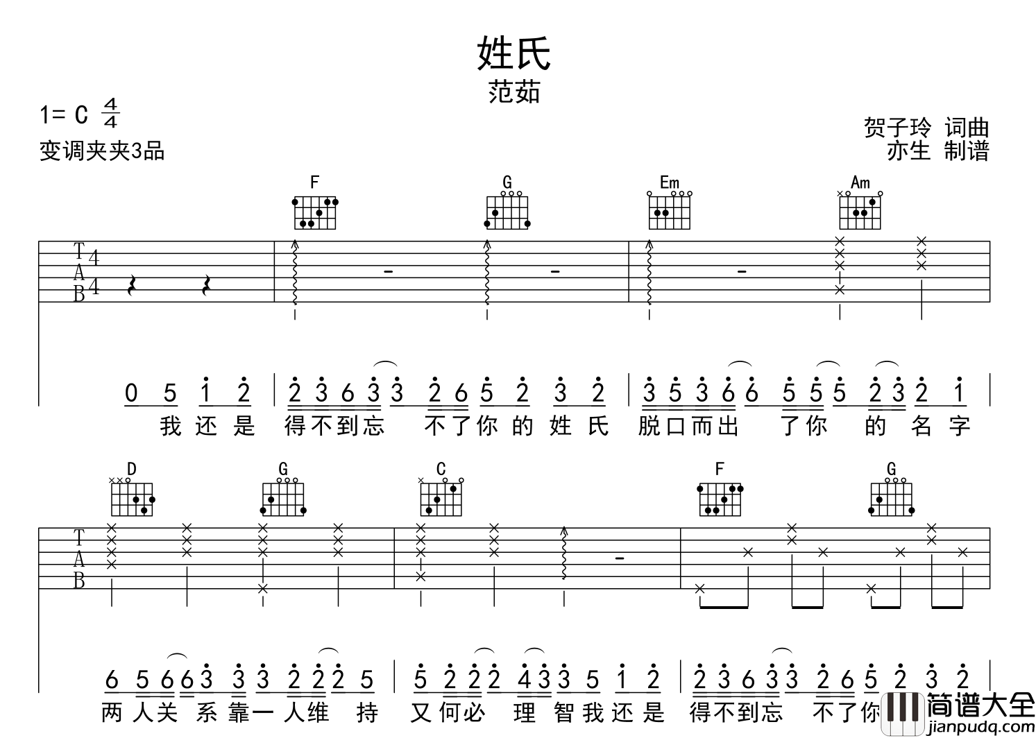 姓氏吉他谱_范茹_C调弹唱六线谱