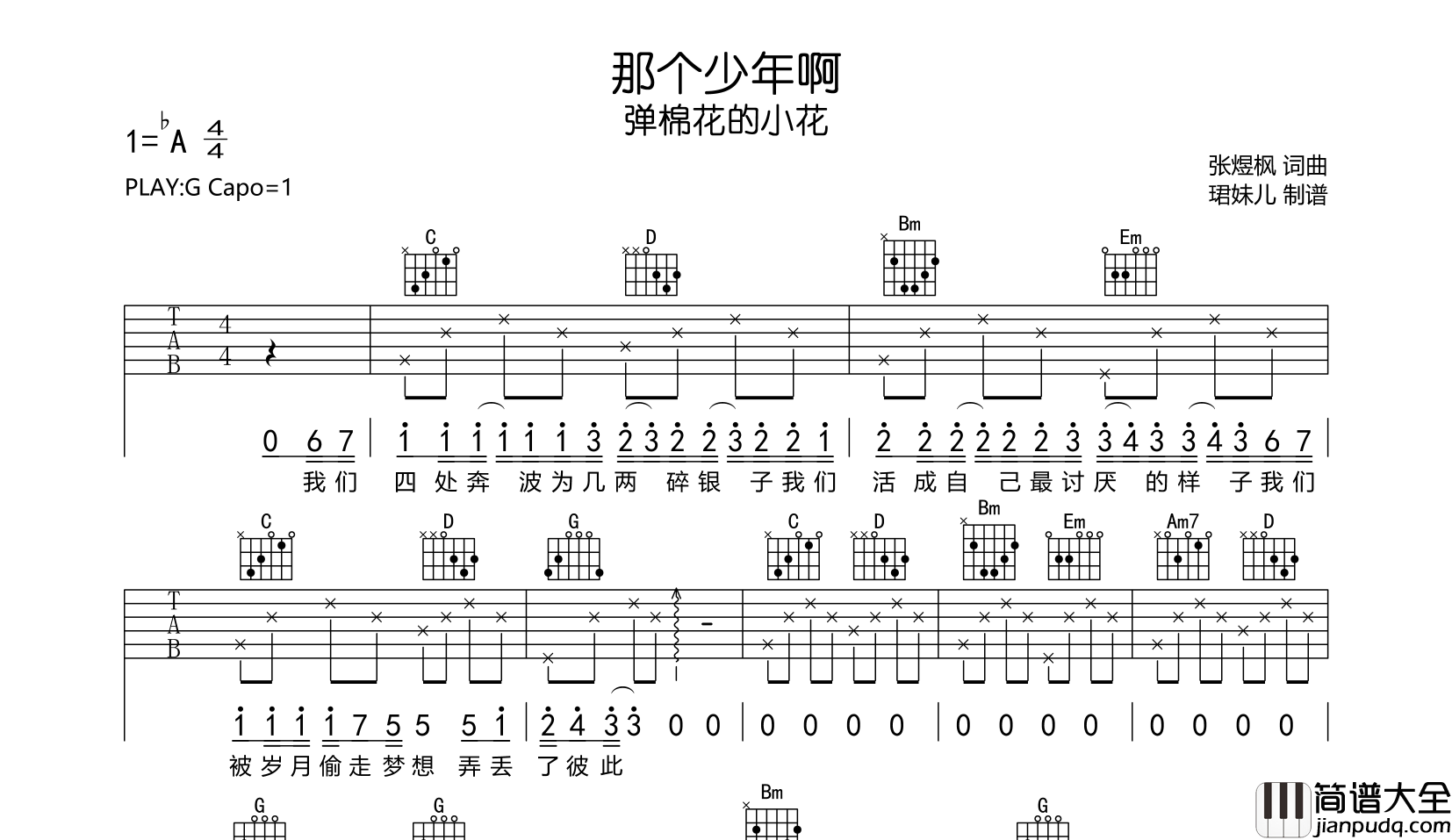 那个少年啊吉他谱_弹棉花的小花_G调弹唱六线谱