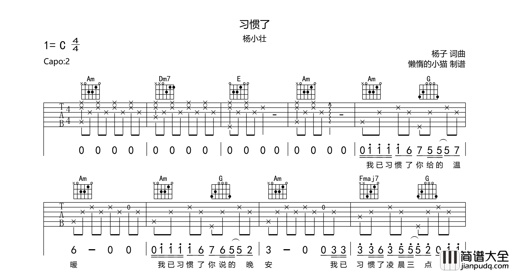习惯了吉他谱_杨小壮_C调指法吉他六线谱