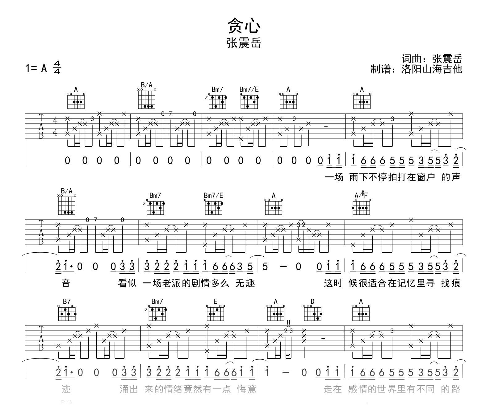 张震岳_贪心_原版吉他谱_A调弹唱六线谱_示范音频