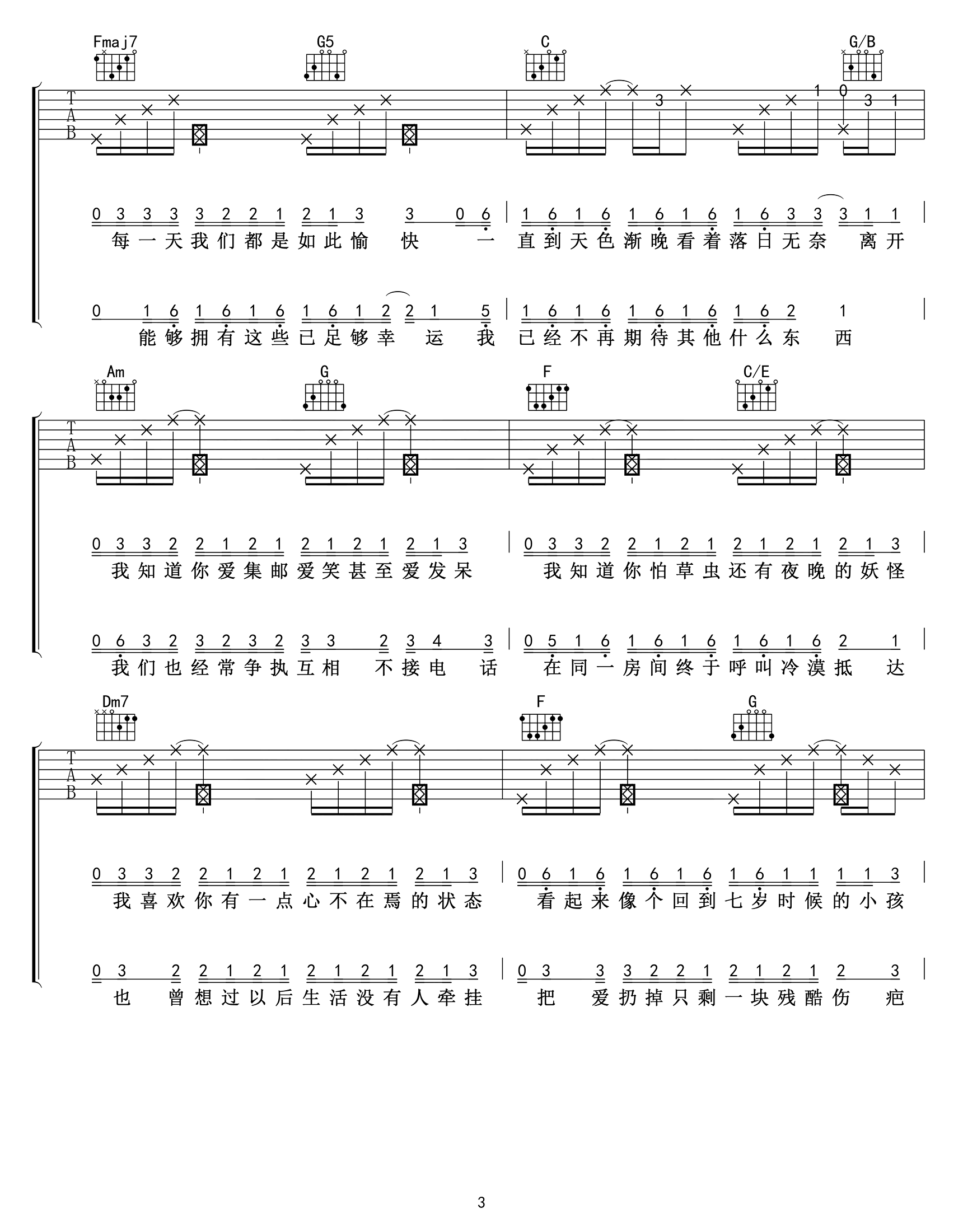 把回忆拼好给你吉他谱_王贰浪_C调弹唱谱_完整六线谱