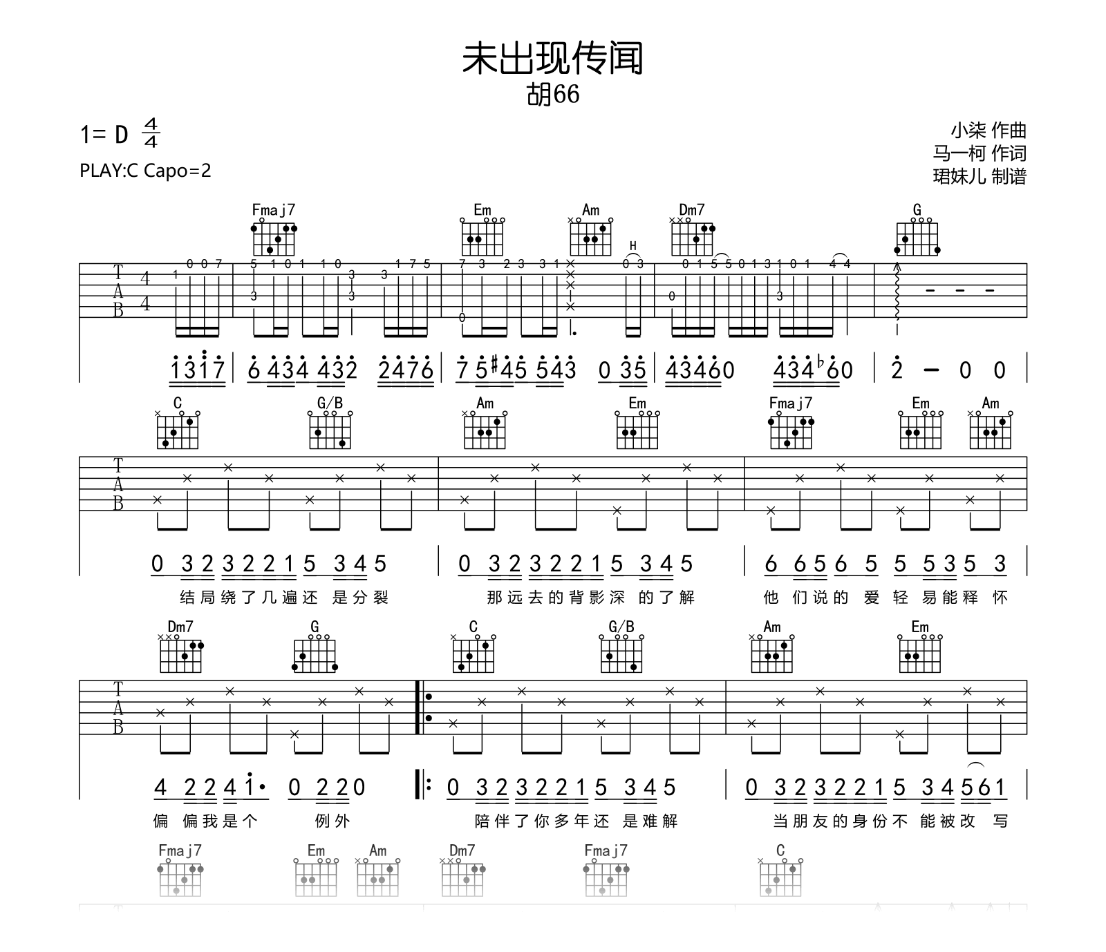 未出现传闻吉他谱_胡66_C调弹唱六线谱