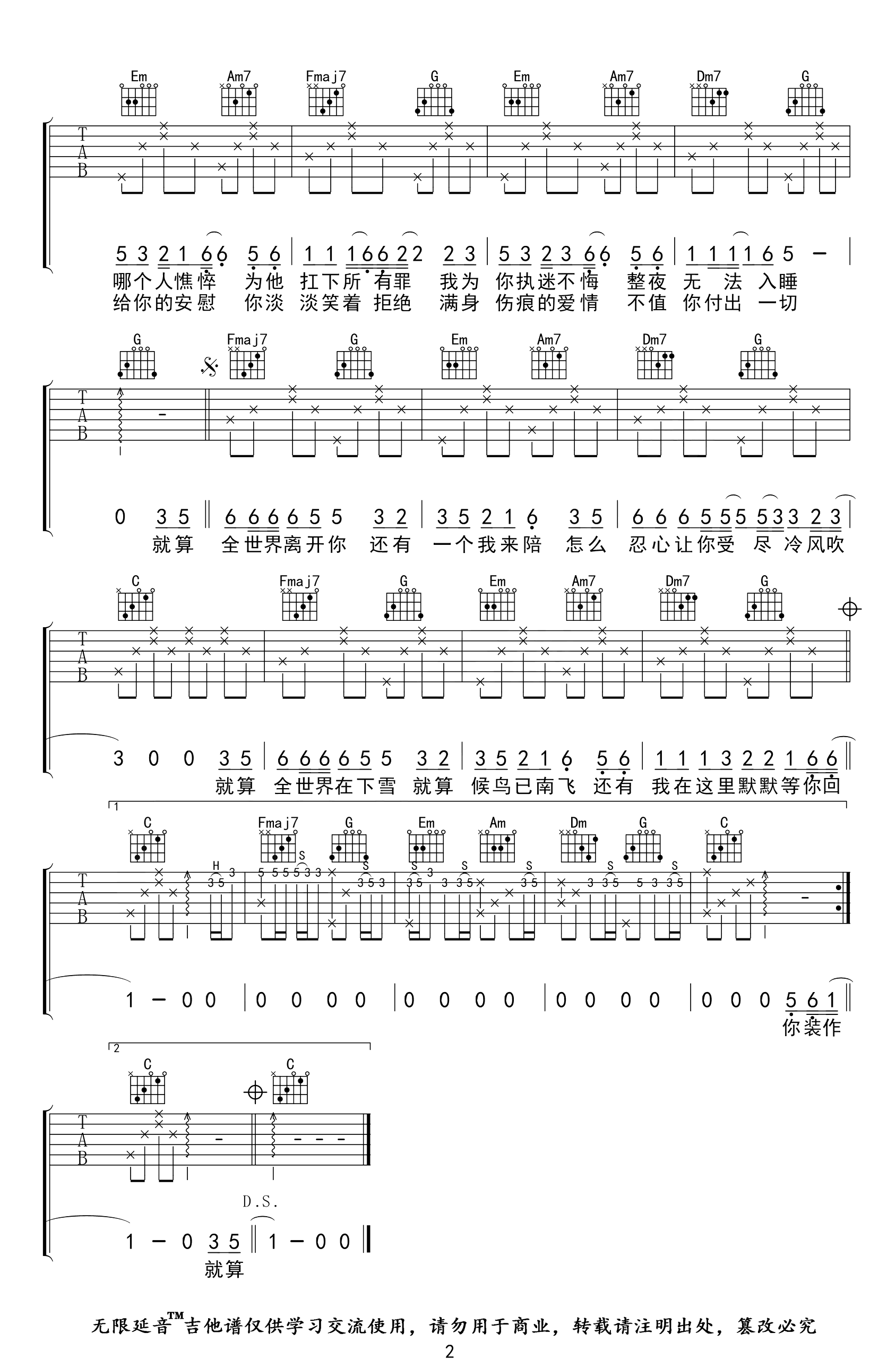 还有我吉他谱_G2ER_C调指法_高清弹唱六线谱