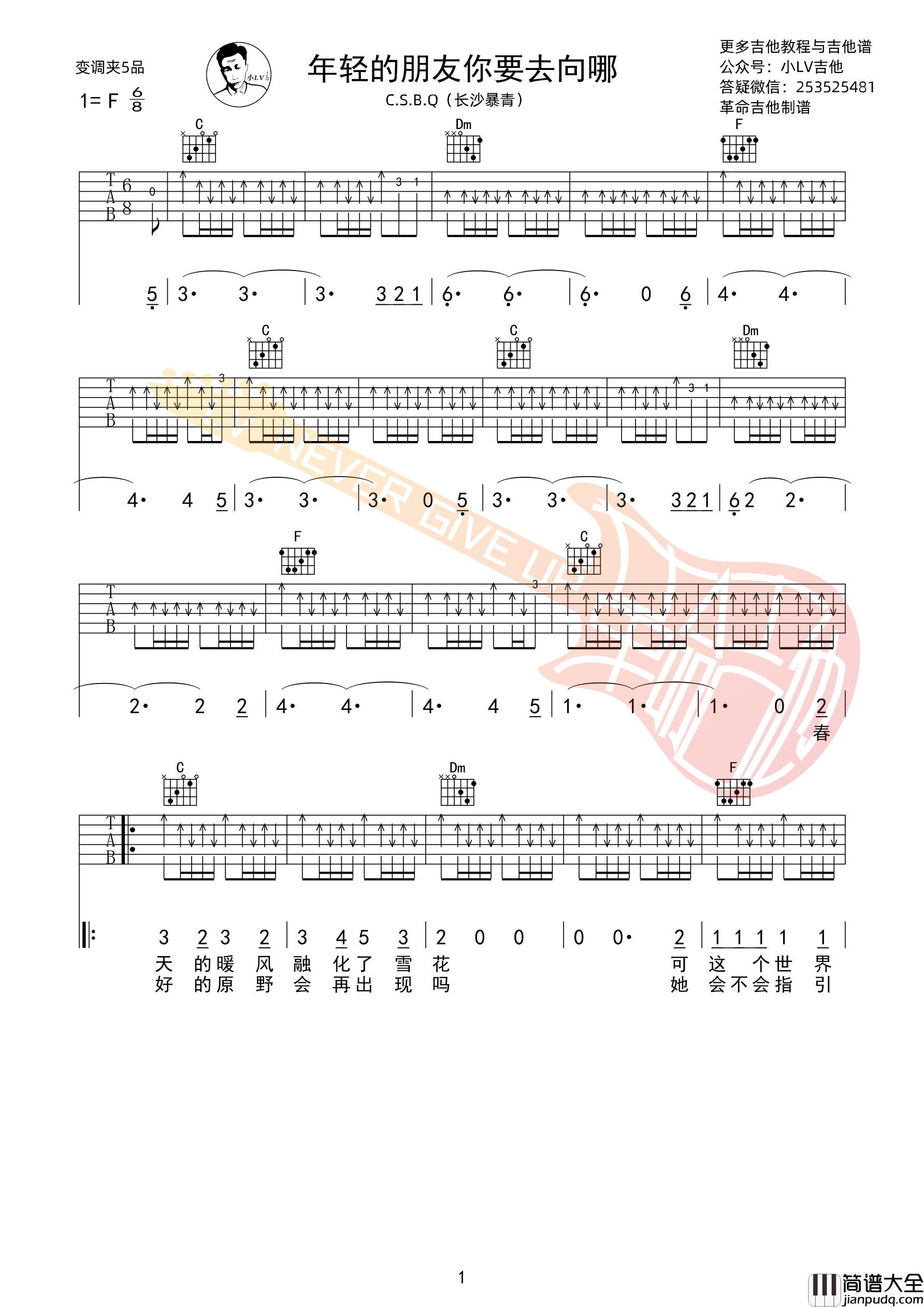 _年轻的朋友你要去向哪_吉他谱C调