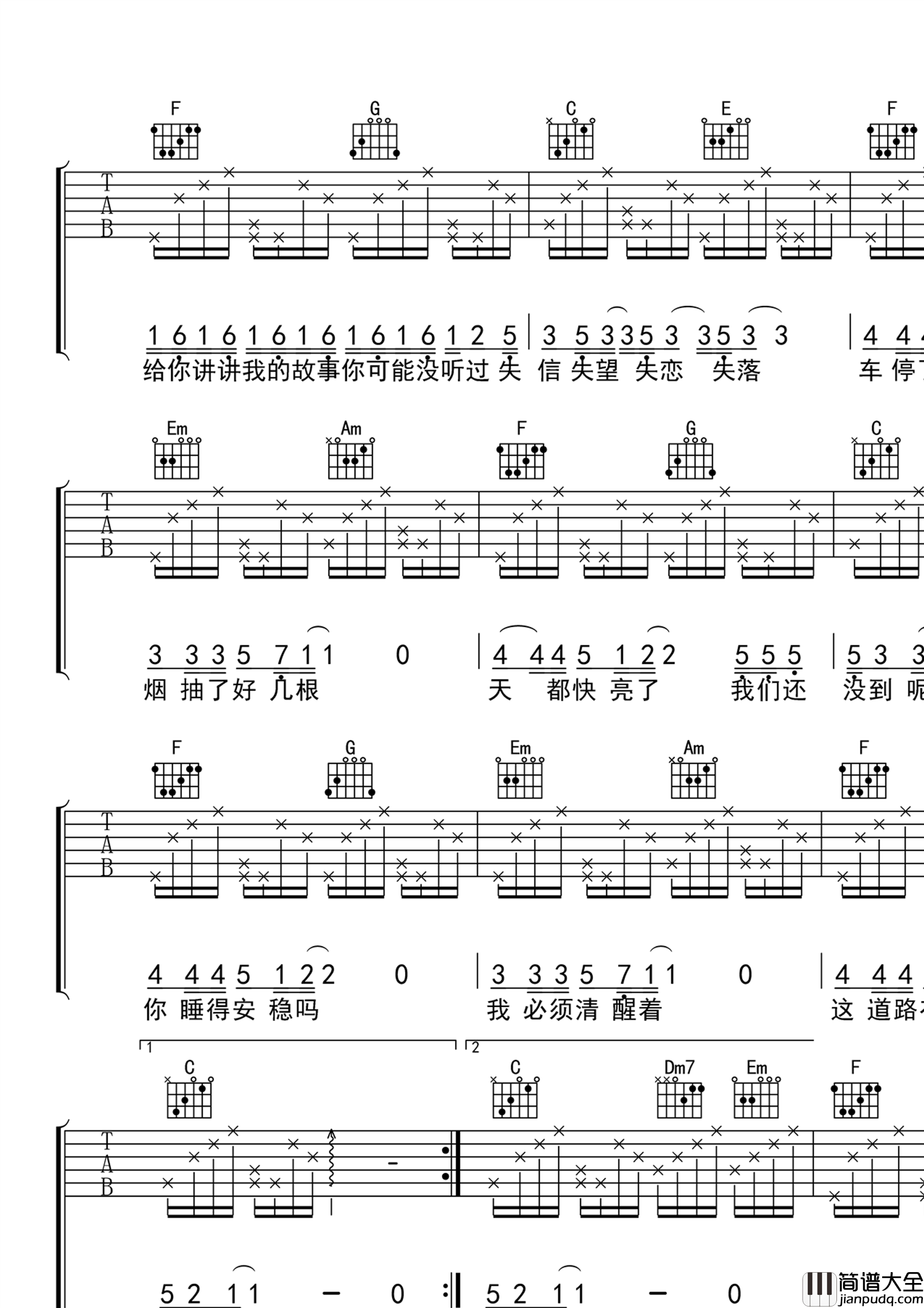 夜车吉他谱_曾轶可_C调原版_高清弹唱六线谱