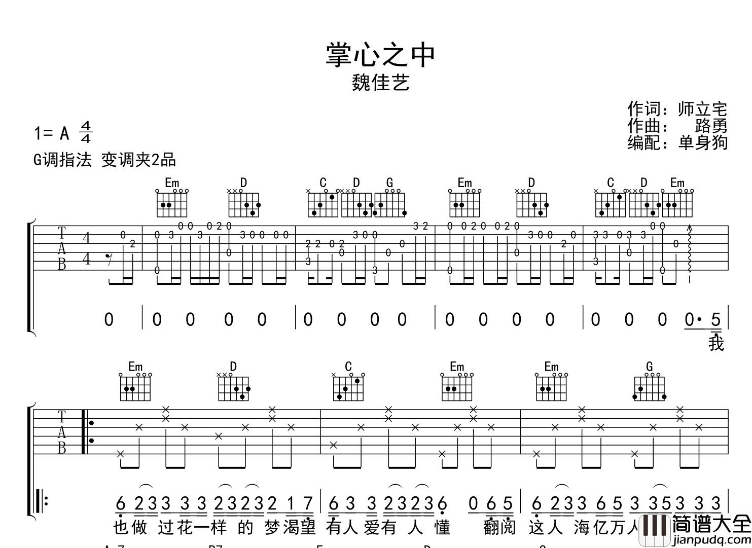 掌心之中吉他谱_魏佳艺_G调原版六线谱