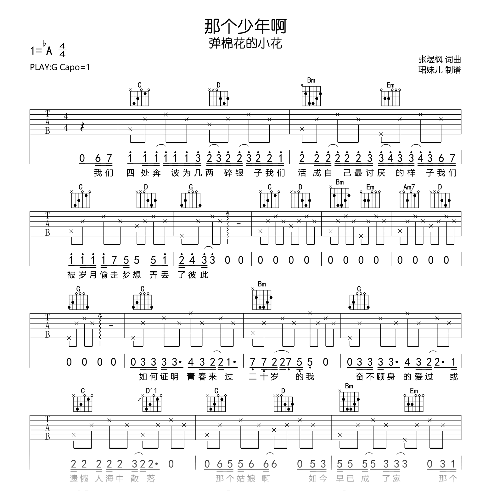 那个少年啊吉他谱_弹棉花的小花_G调_高清弹唱谱