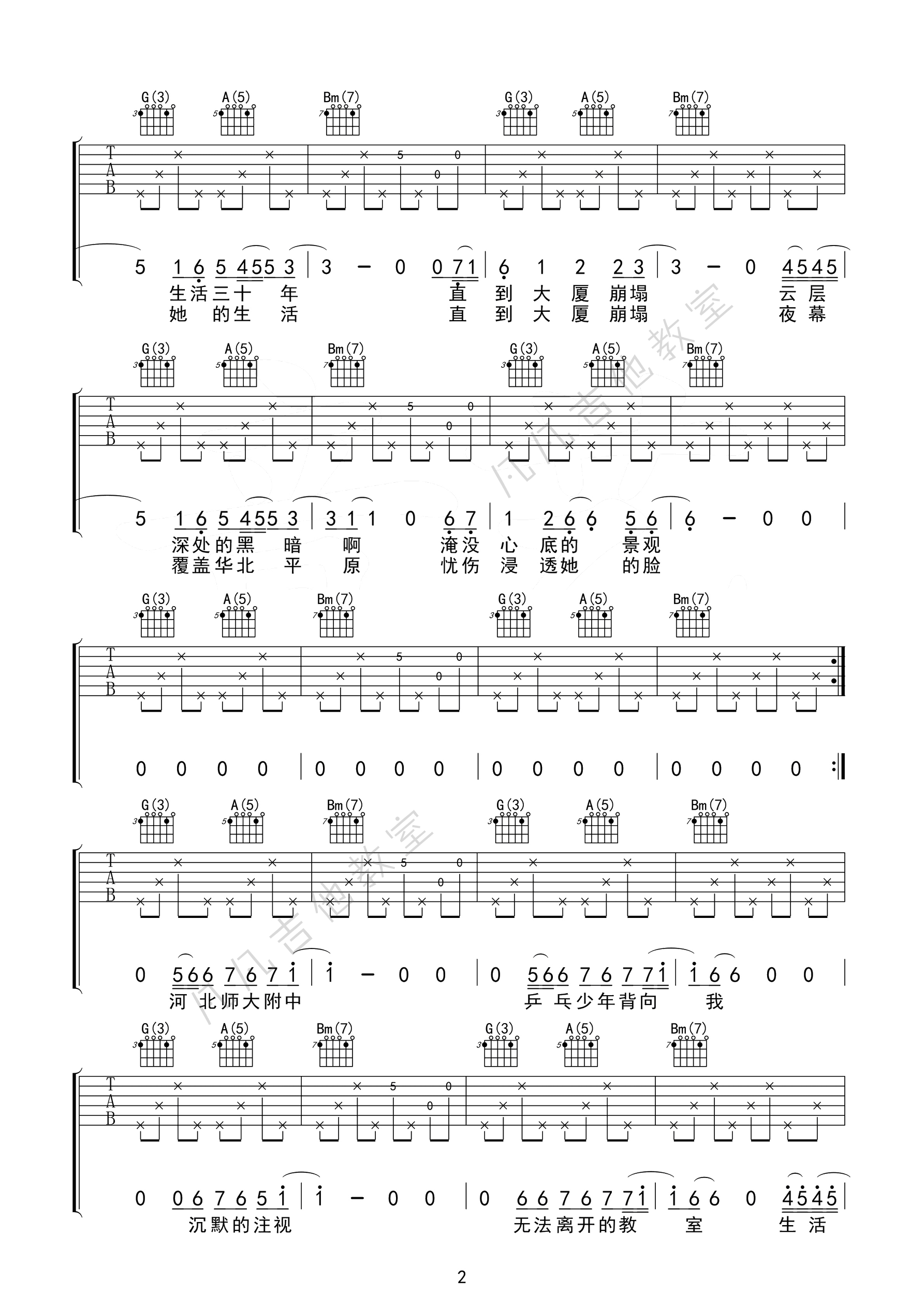 杀死那个石家庄人吉他谱_D调高清版_凡凡吉他教室编配_万能青年旅店