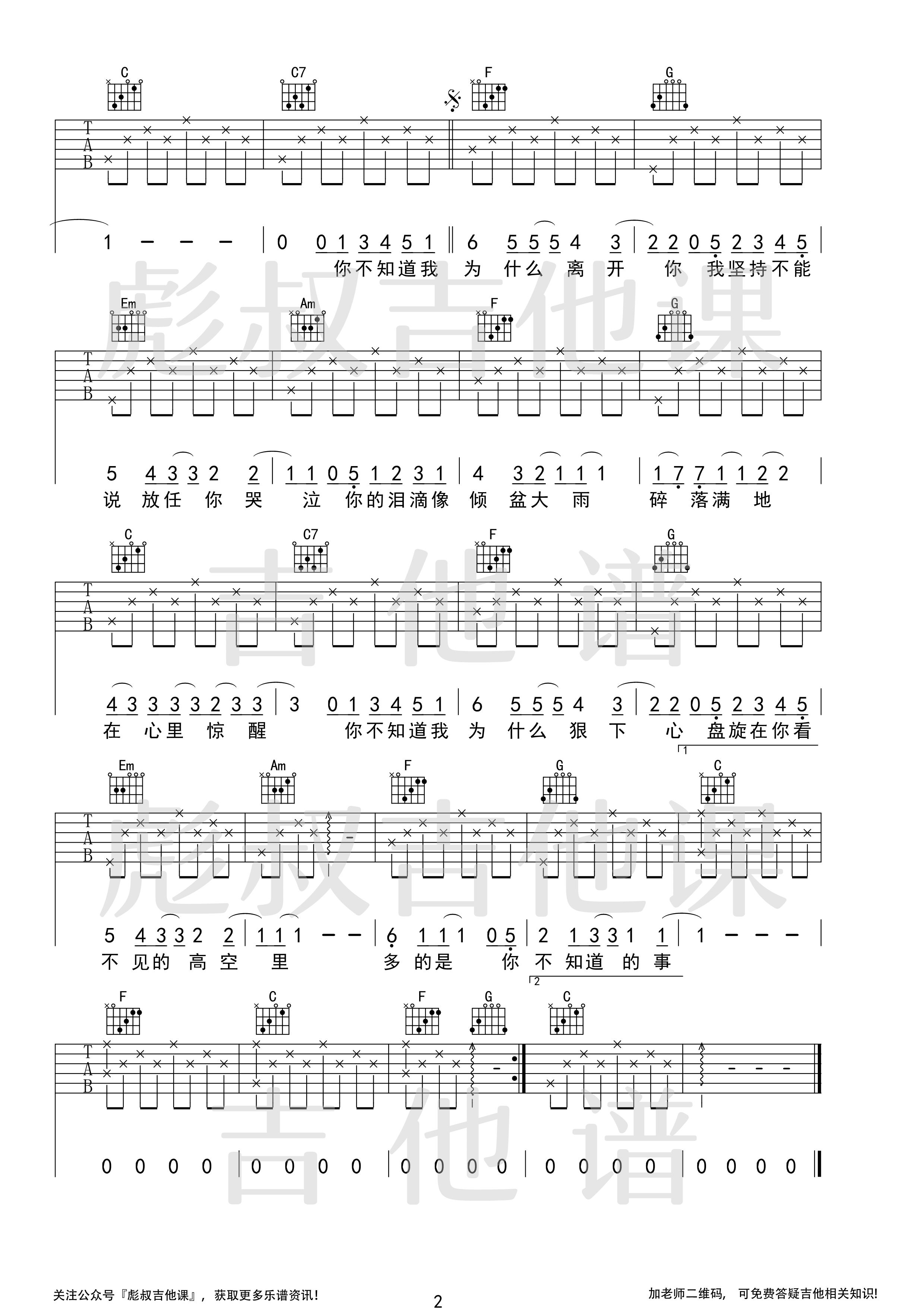 王力宏_你不知道的事_C调弹唱六线谱_彪叔吉他课制谱