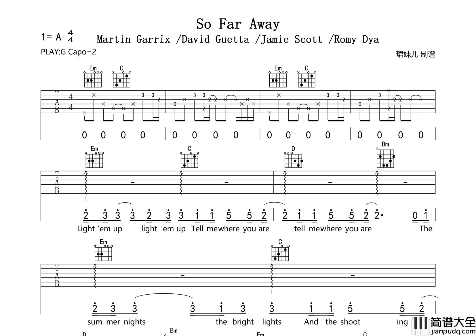 So_Far_Away吉他谱_Martin_Garrix_/David_Guetta_/Jamie_Scott_/Romy_Dya