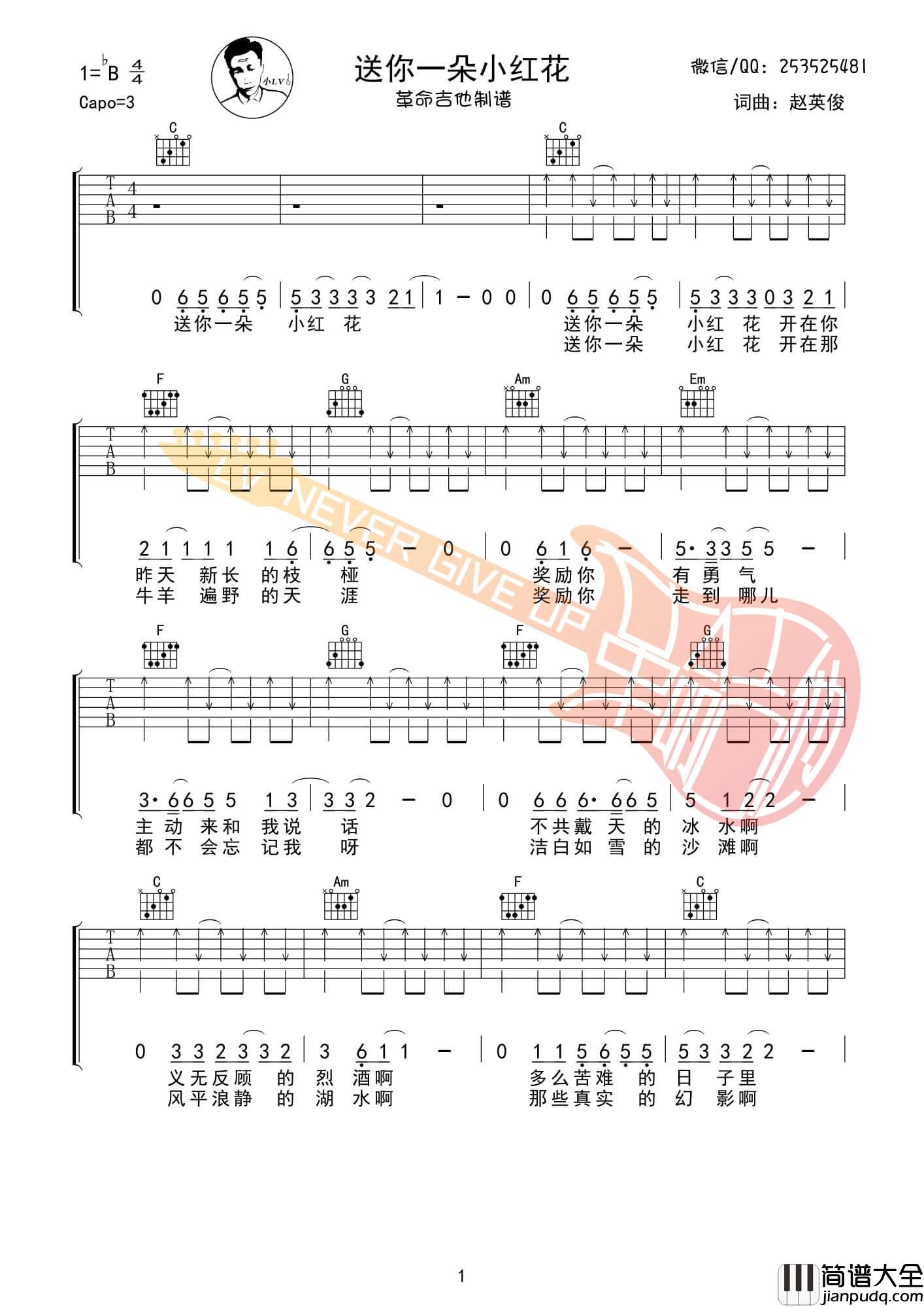 送你一朵小红花吉他谱_B调扫弦版_革命吉他编配_赵英俊