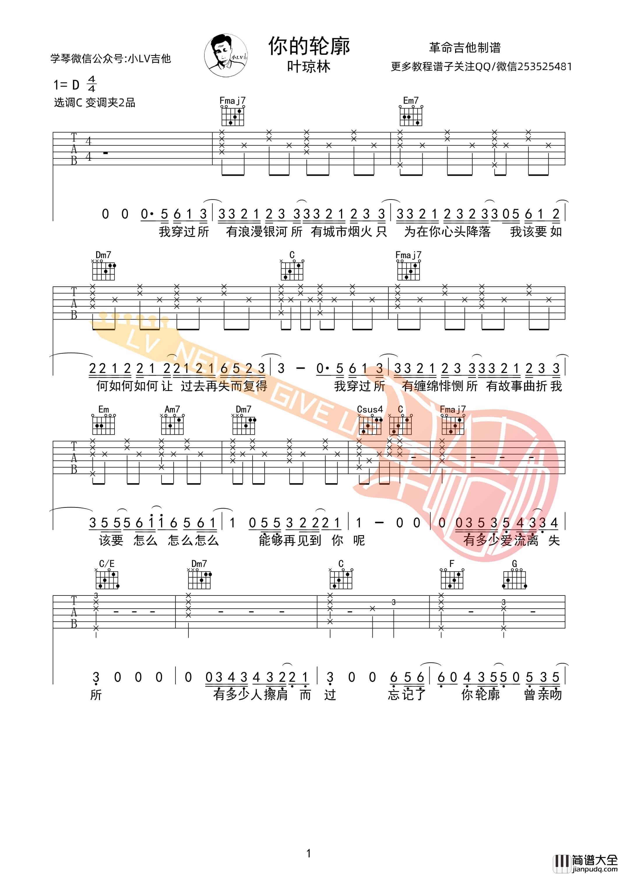 你的轮廓吉他谱_D调女生版_革命吉他编配_叶琼林