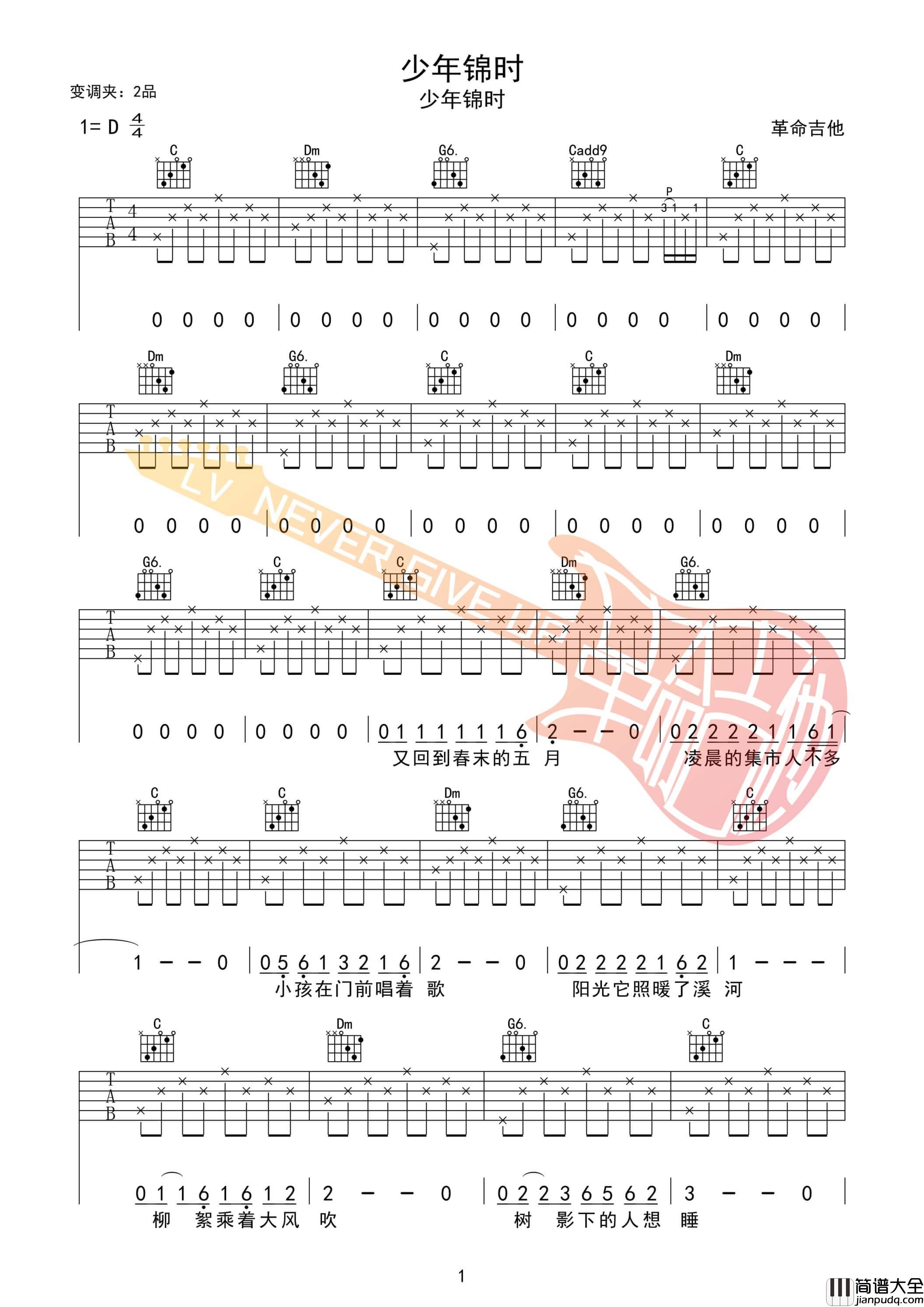 少年锦时吉他谱_D调男生版_革命吉他编配_赵雷