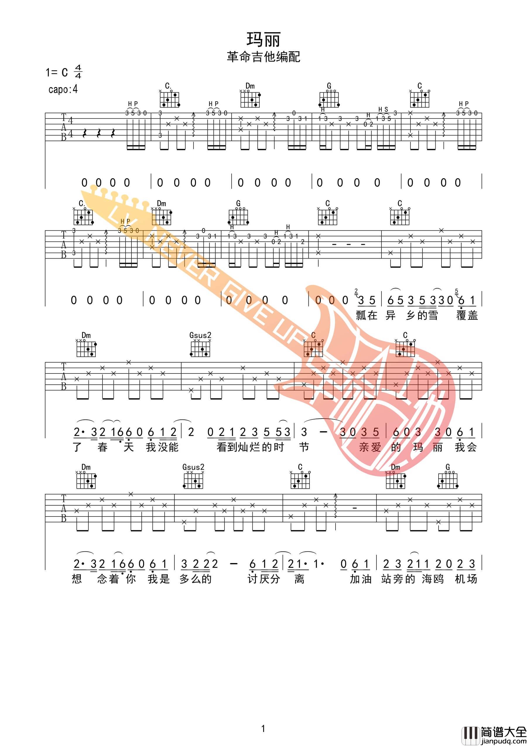 玛丽吉他谱_C调附前奏_革命吉他编配_赵雷