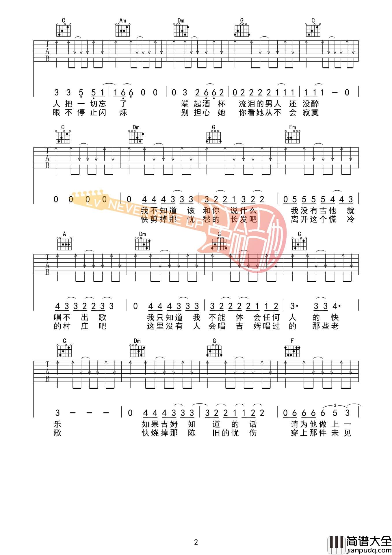 吉姆餐厅吉他谱_C调扫弦版_革命吉他编配_赵雷