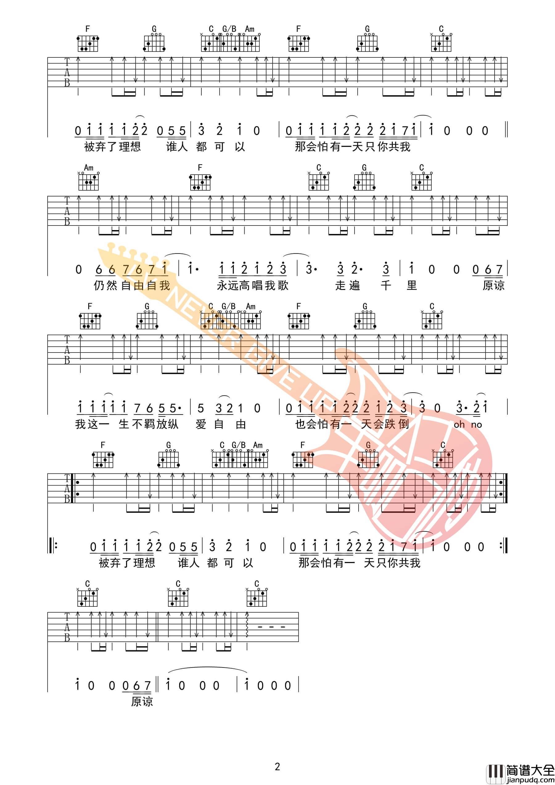 海阔天空吉他谱_C调简单版_革命吉他编配_Beyond
