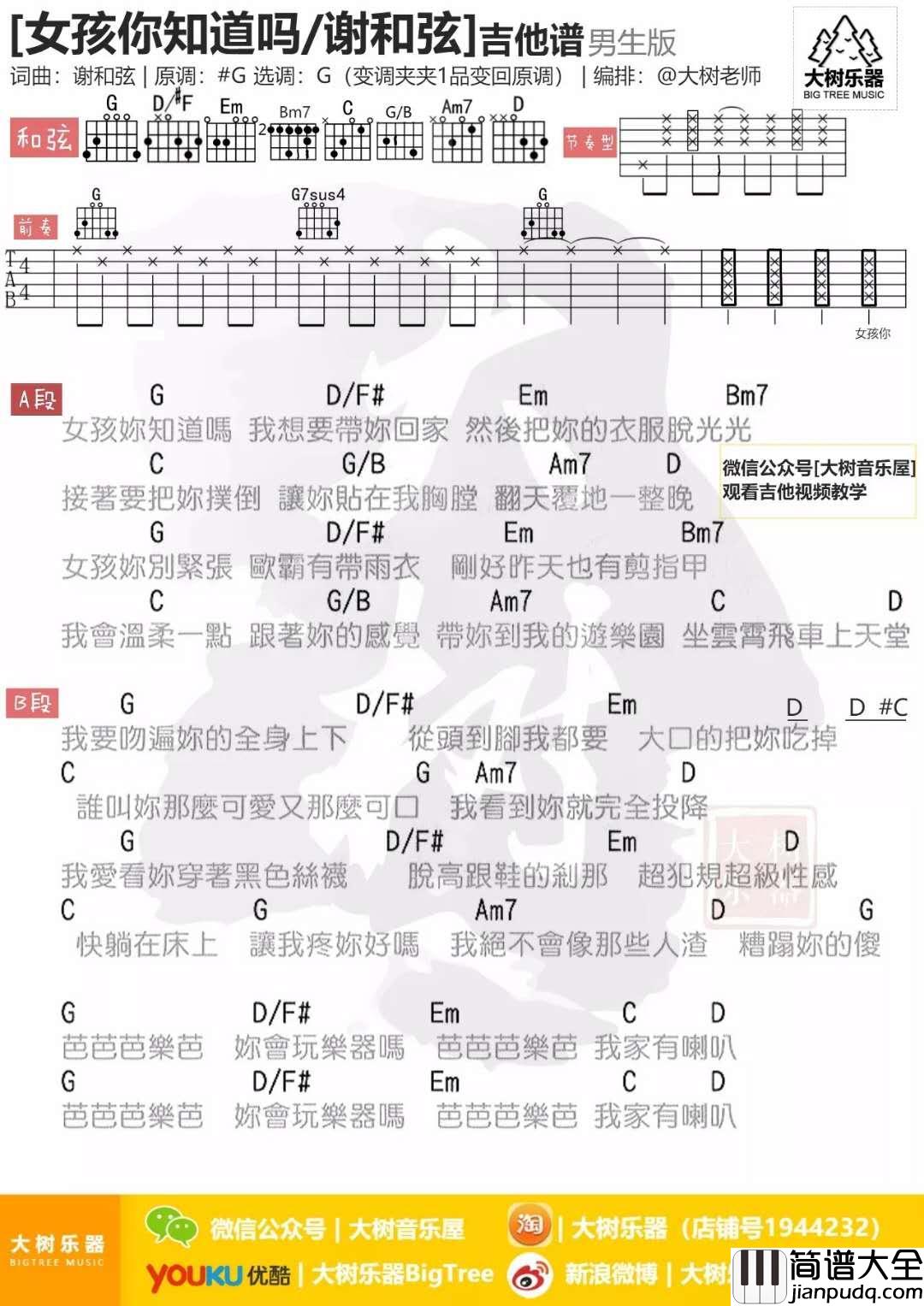 女孩你知道吗_G调吉他谱_谢和弦