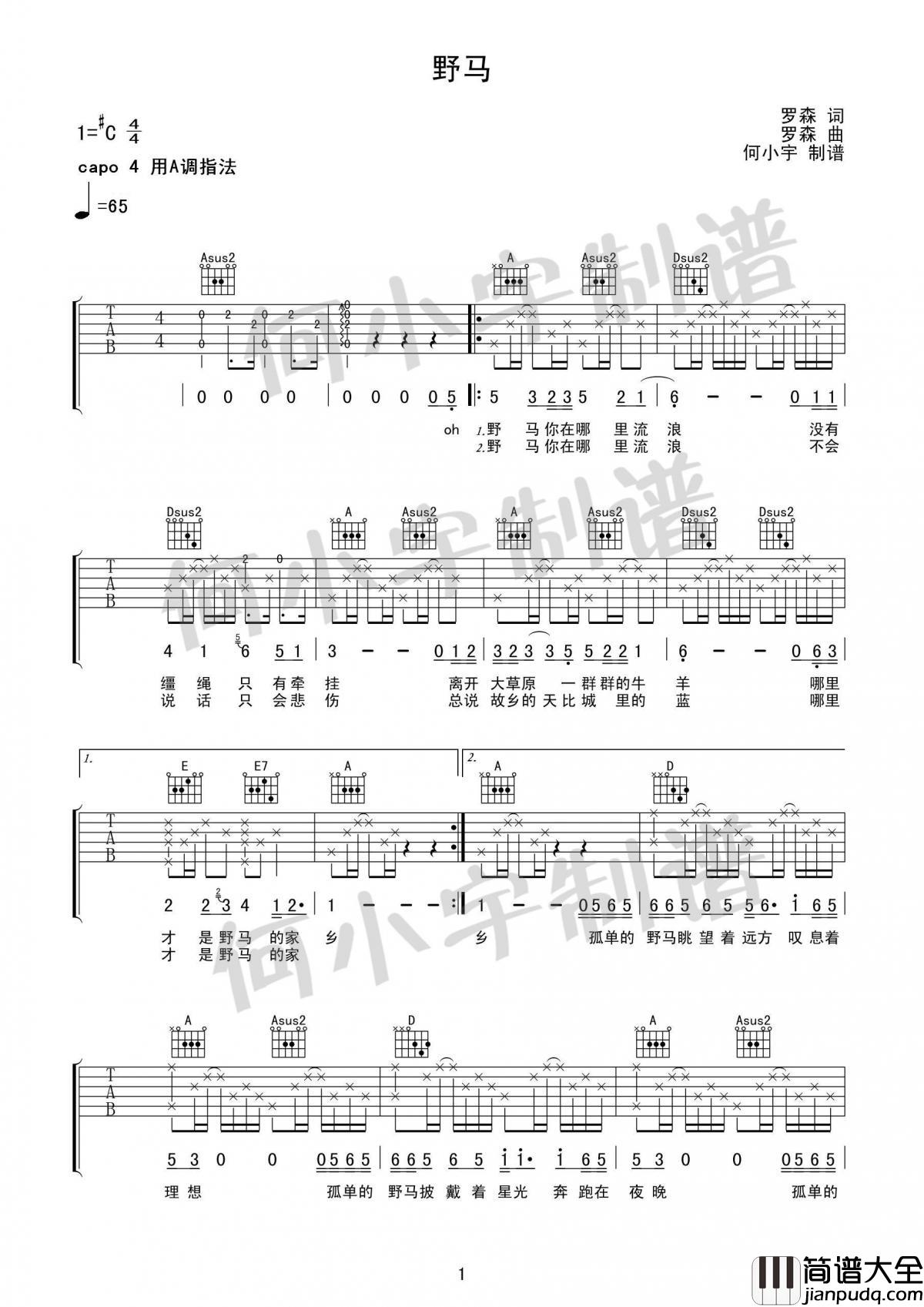 _野马_吉他谱_罗森_原创民谣歌曲