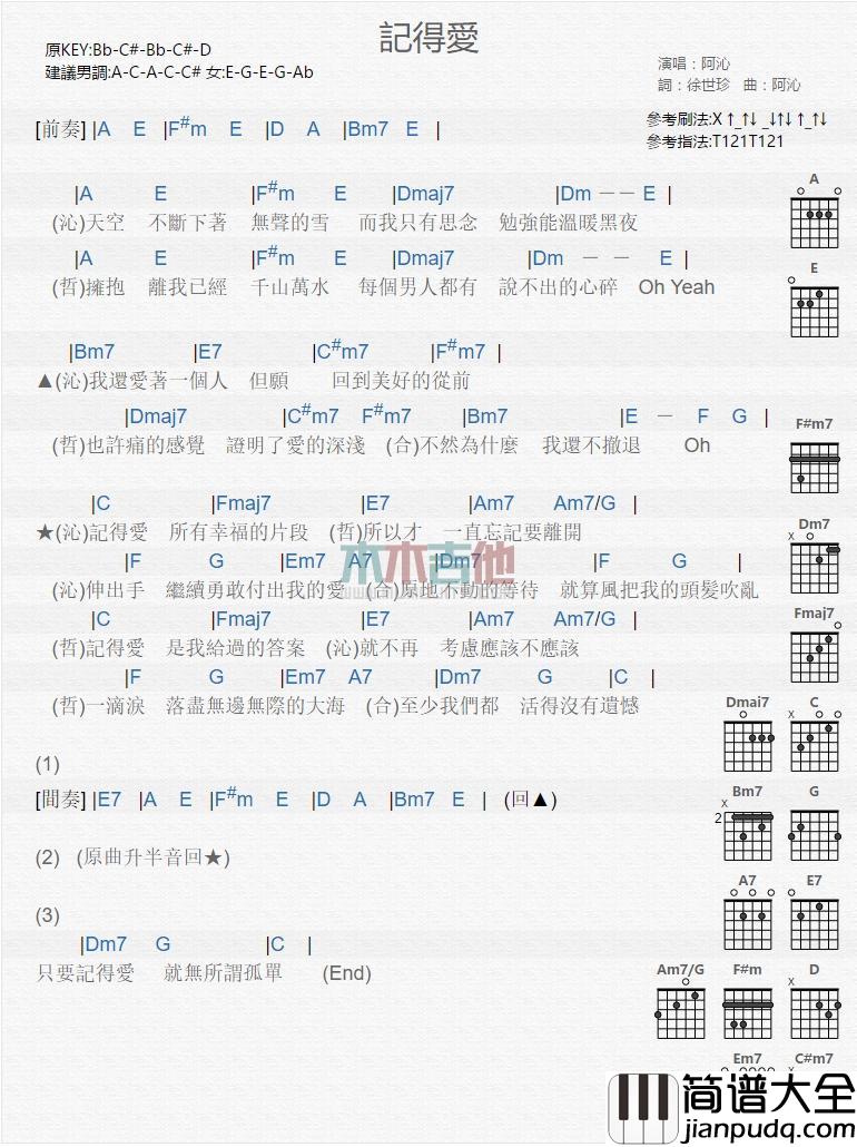 记得爱_吉他谱_李玖哲,阿沁