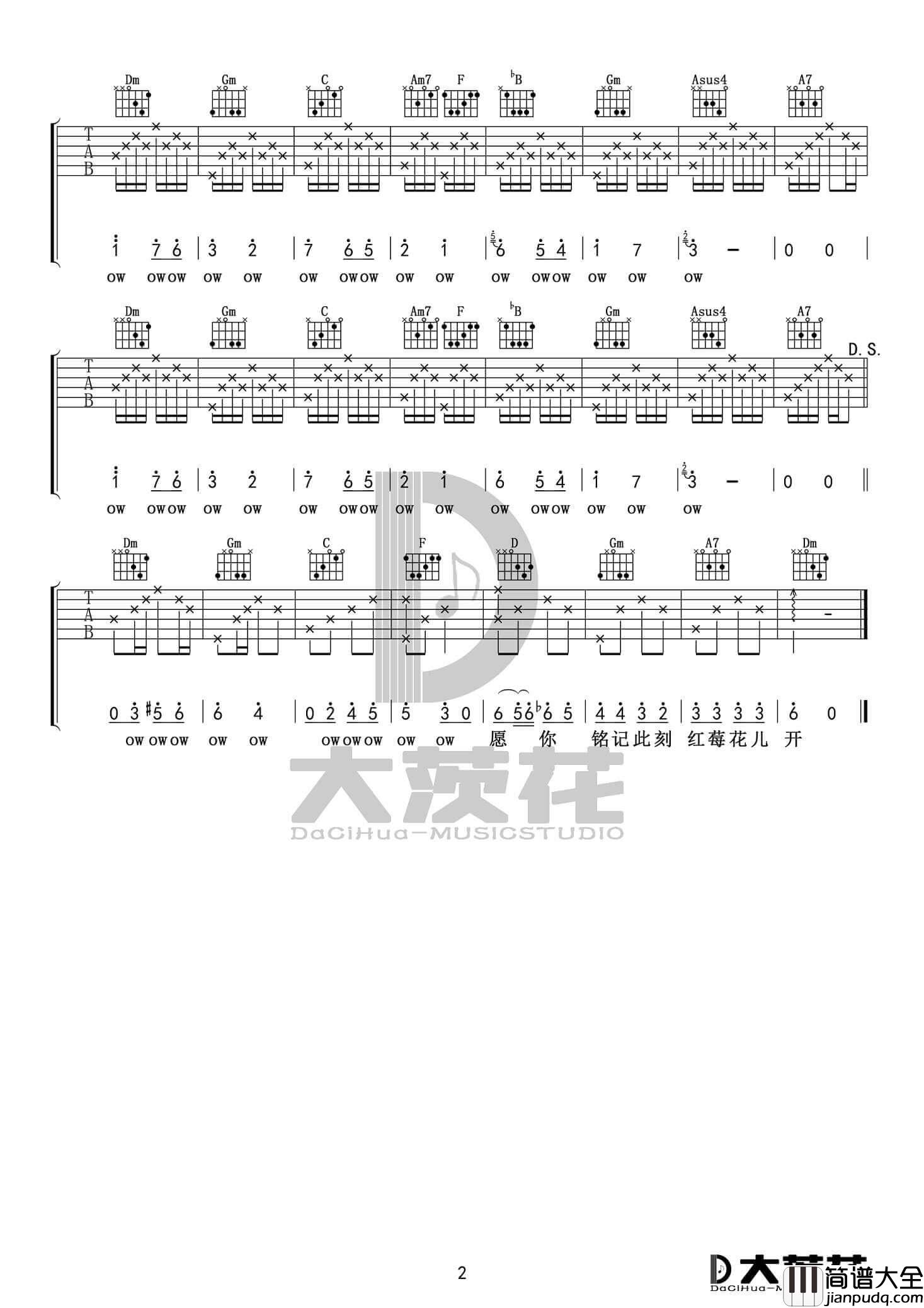 毛不易_红莓花儿开_吉他谱_简单版六线谱_小宁吉他教室