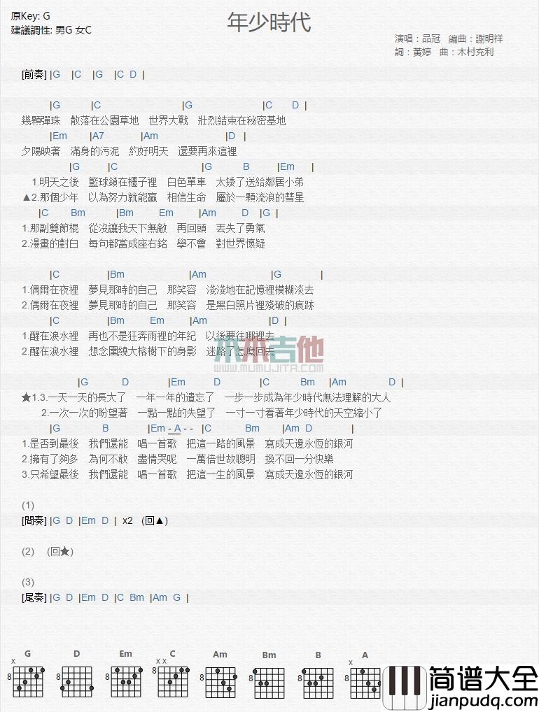 年少时代_吉他谱_品冠