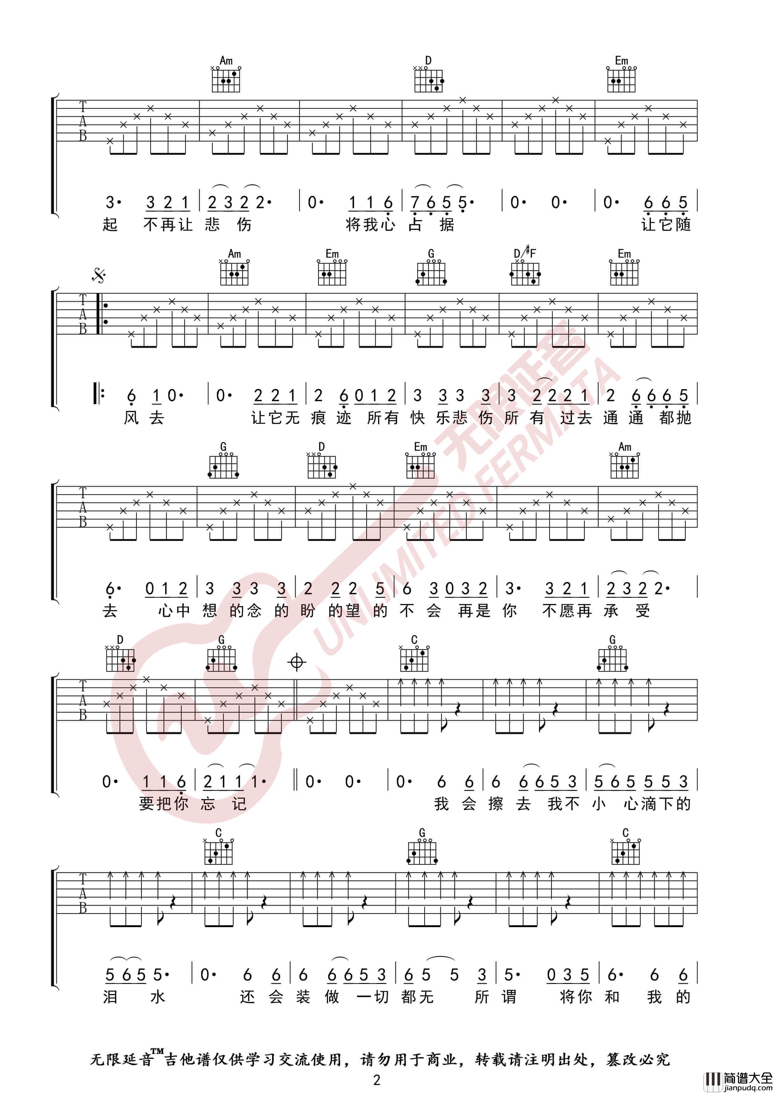 伍佰_浪人情歌_吉他谱_G调图片伴奏六线谱_无限延音