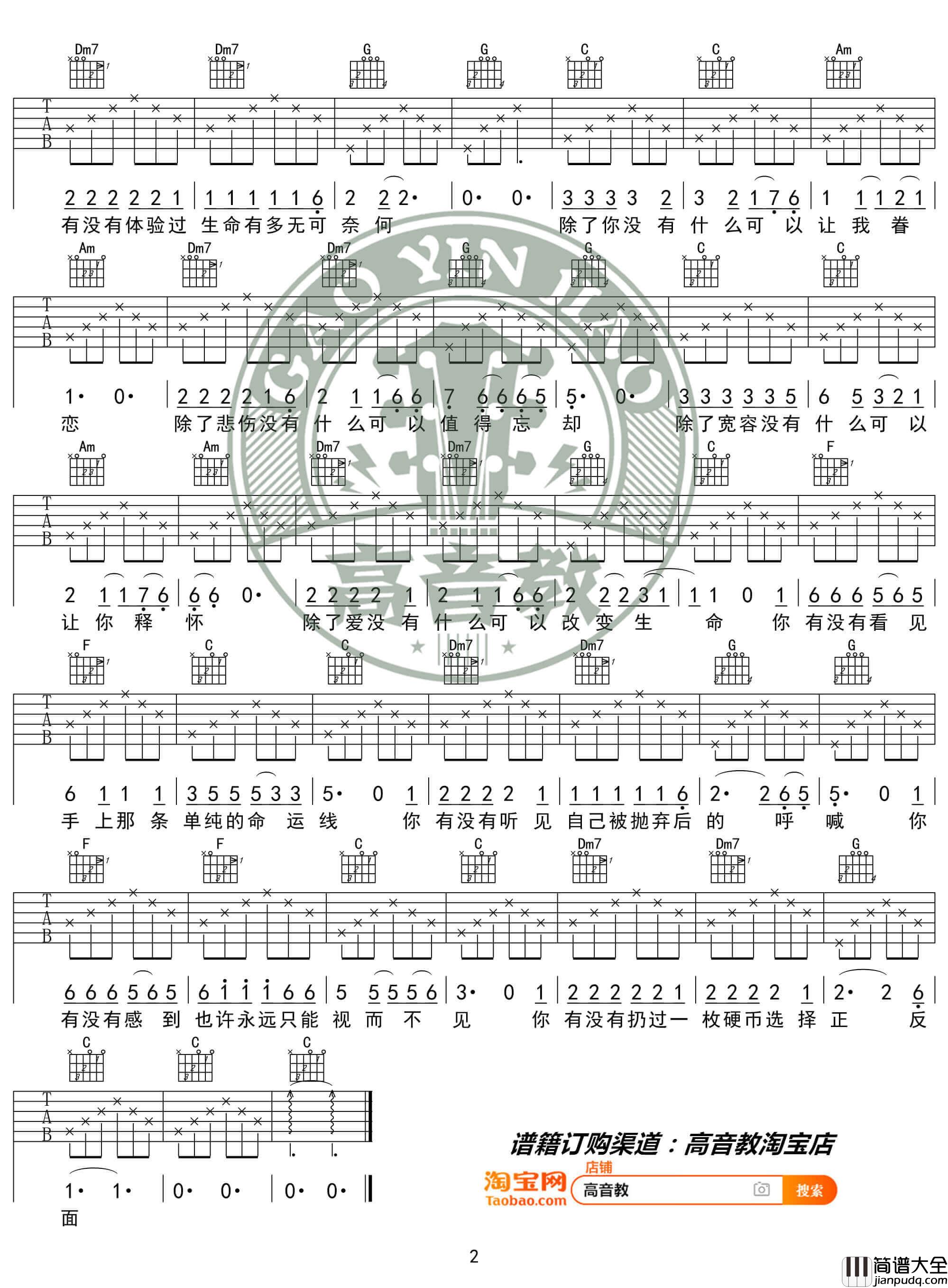 汪峰_硬币_吉他谱_吉他弹唱示范教学_C调入门版_高音教